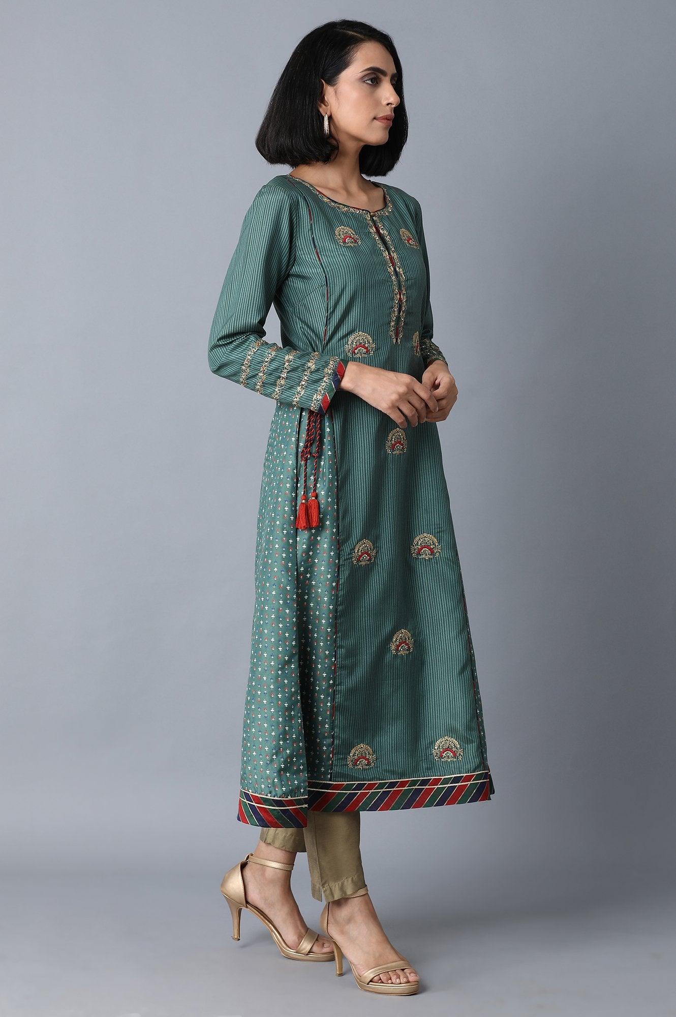 Dark Green Panelled kurta - wforwoman