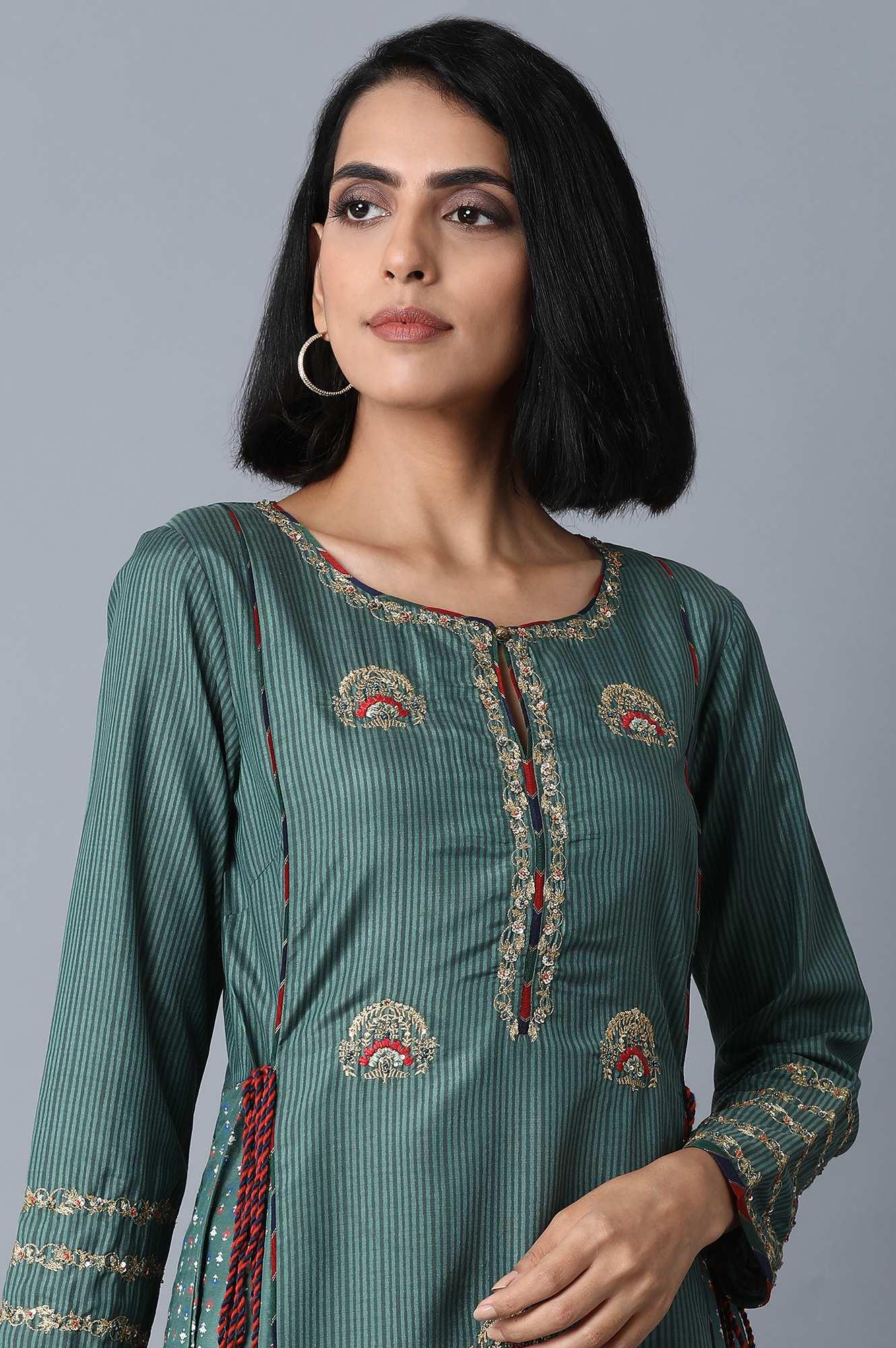 Dark Green Panelled kurta - wforwoman