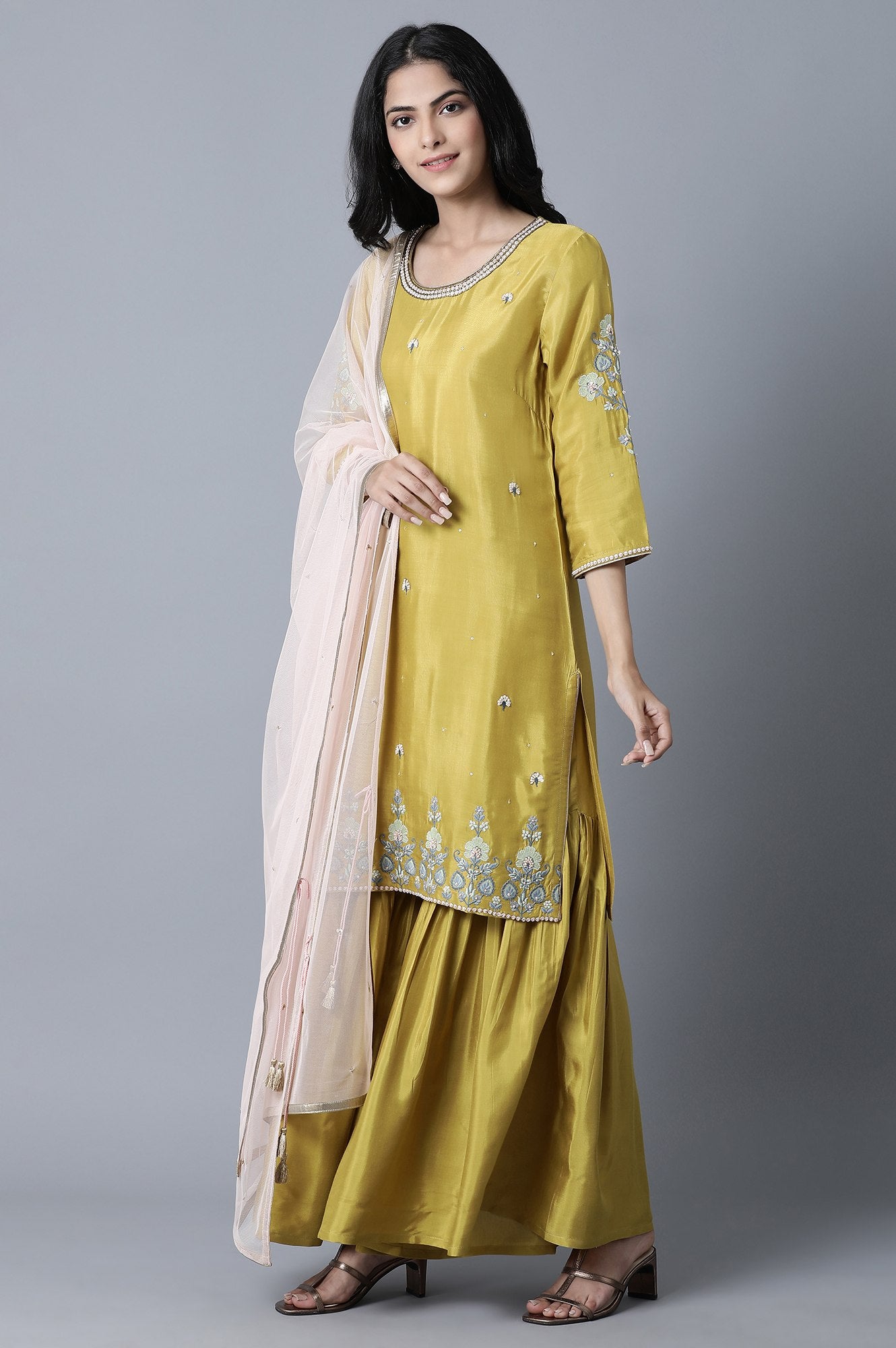 Olive Green Embroidered kurta-Sharara Set