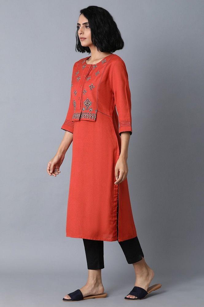 Burnt Orange Embroidered kurta - wforwoman