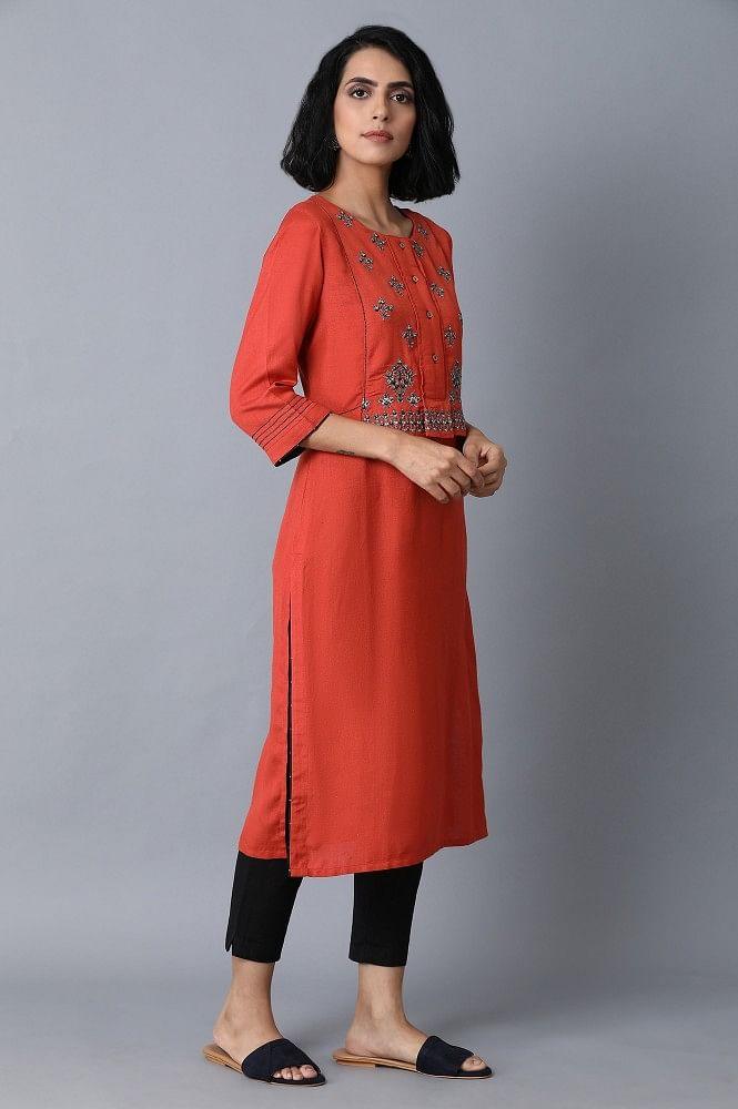 Burnt Orange Embroidered kurta - wforwoman