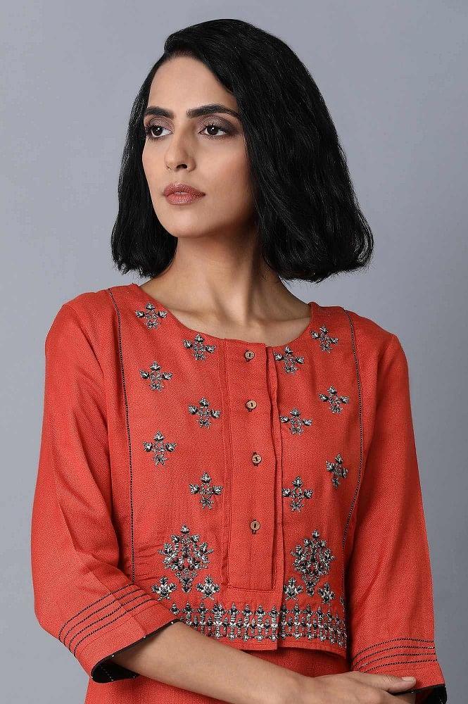 Burnt Orange Embroidered kurta - wforwoman