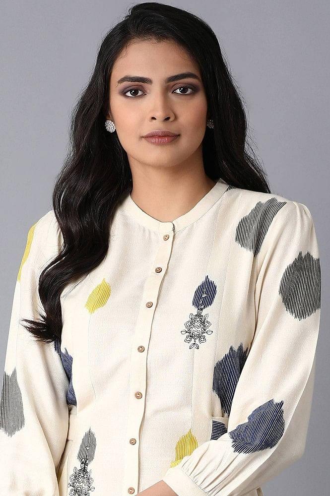 Ecru Polka Print Pleated Dress - wforwoman