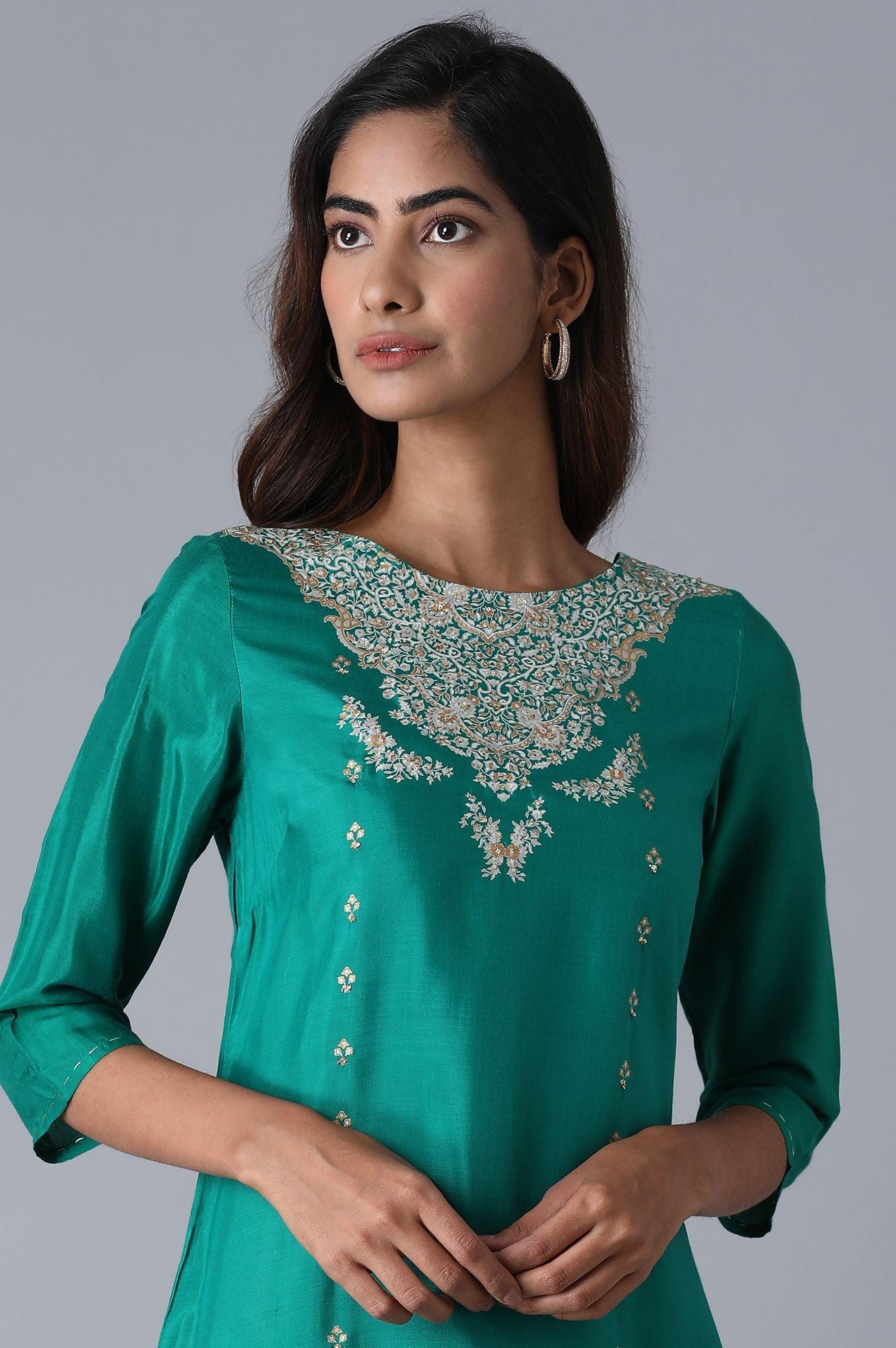 Leafy Green Placement Print kurta - wforwoman