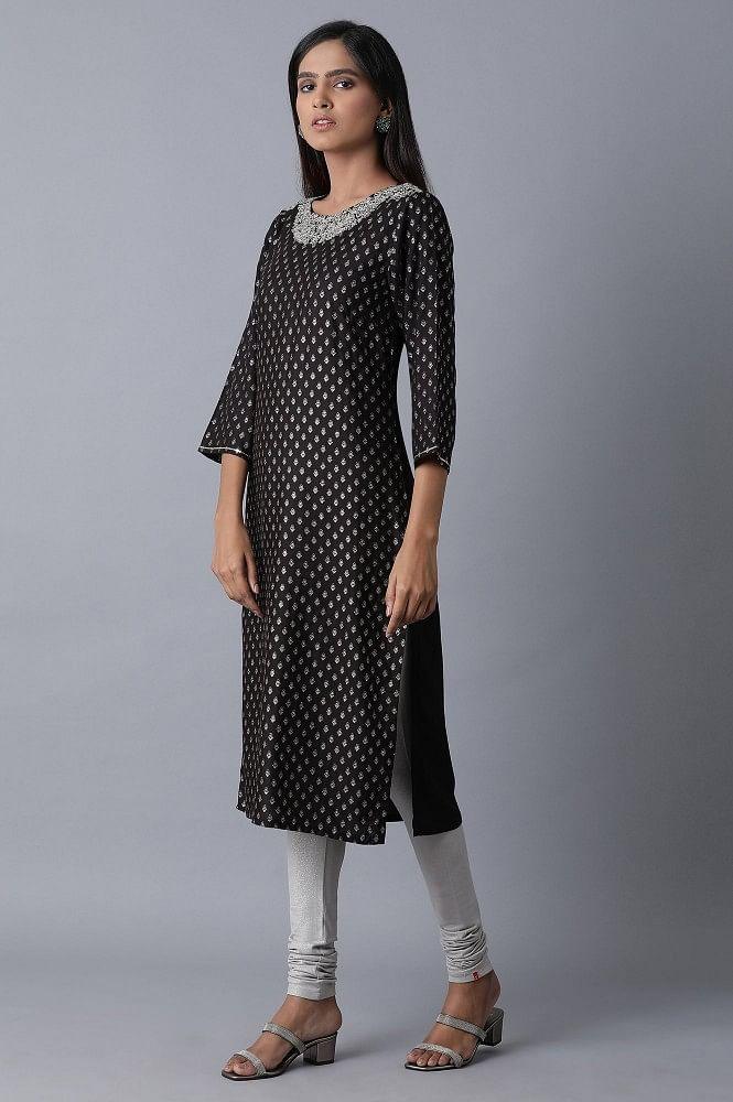 Black Glitter Printed kurta - wforwoman
