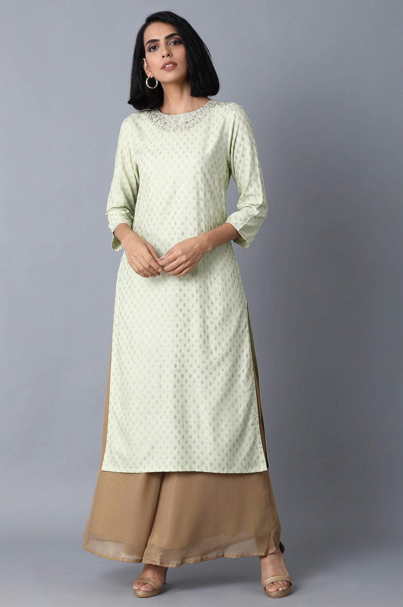 Mint Green Glitter Printed kurta - wforwoman
