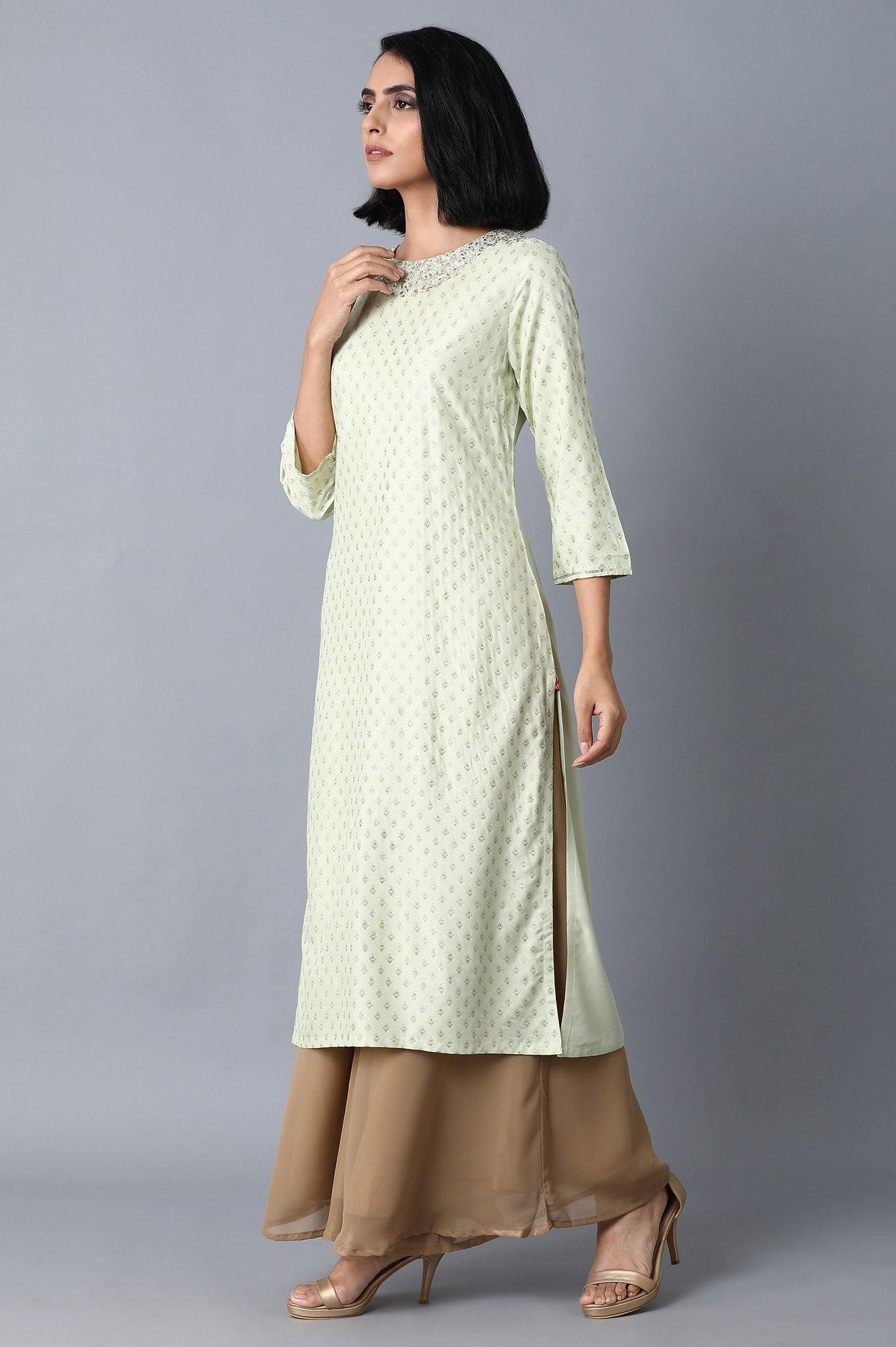 Mint Green Glitter Printed kurta - wforwoman