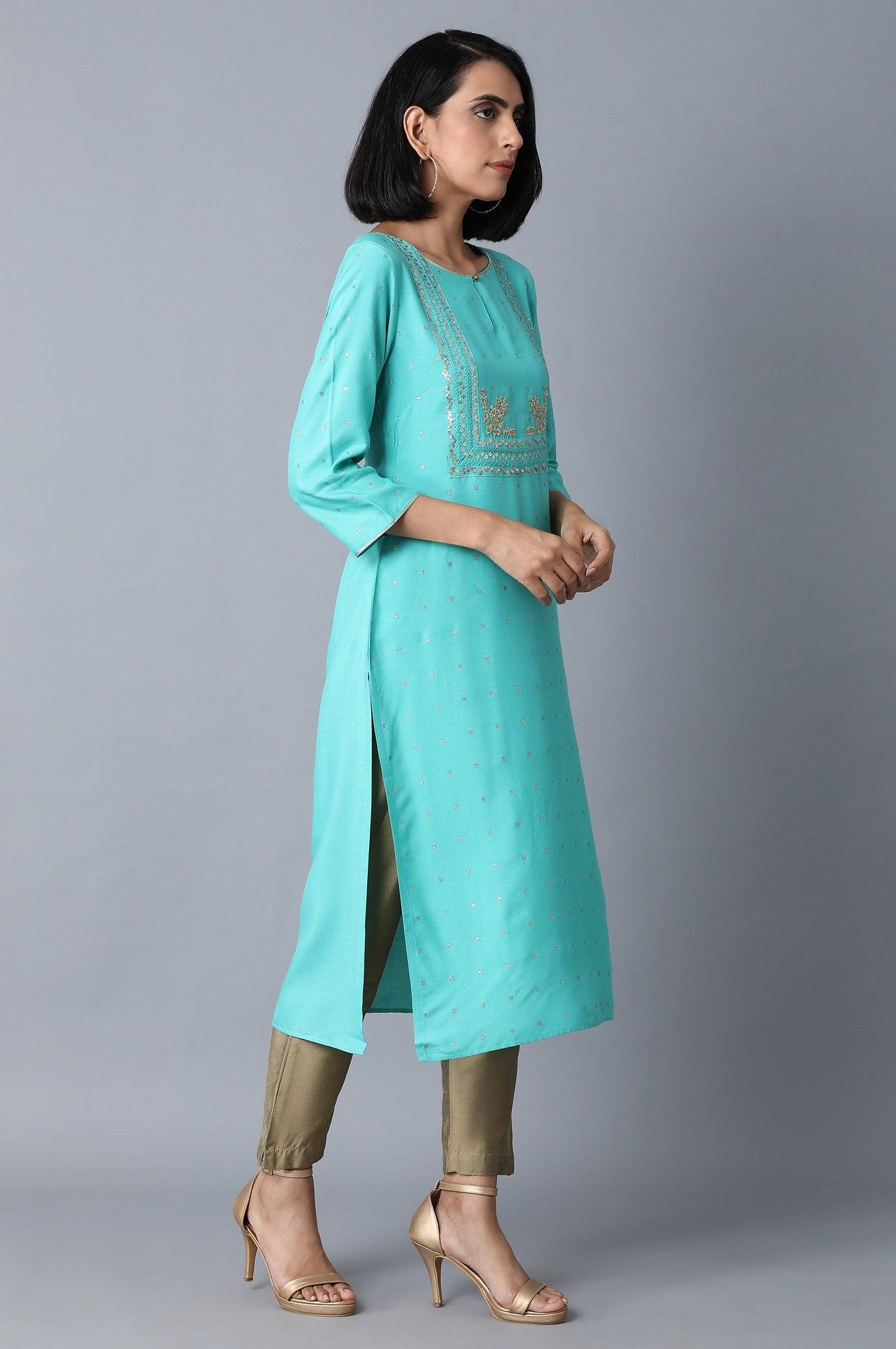 Green Glitter Printed kurta - wforwoman