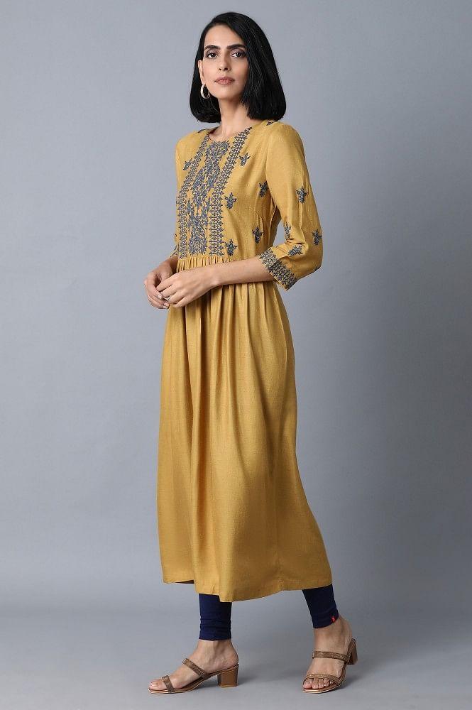 Dark Yellow Embroidered Dress - wforwoman