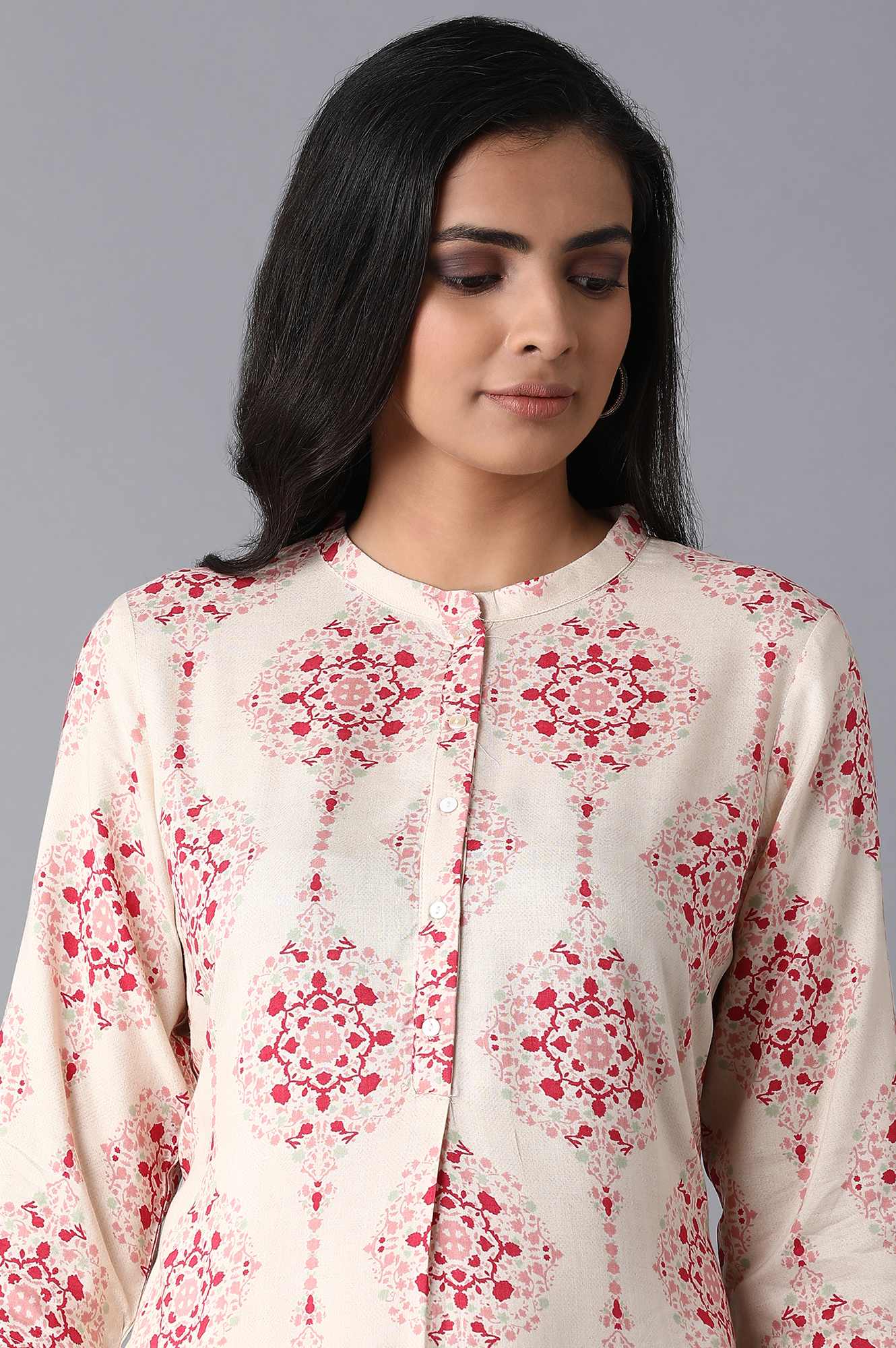 Beige Geometric Printed Rayon Straight Kurta and Slim Pant Set
