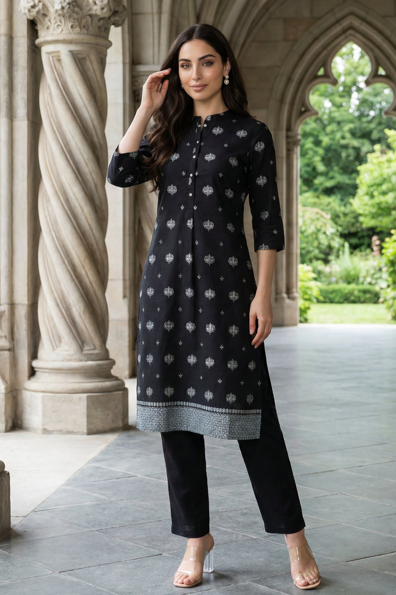 Black Geometric Printed Pure Cotton Straight Kurta