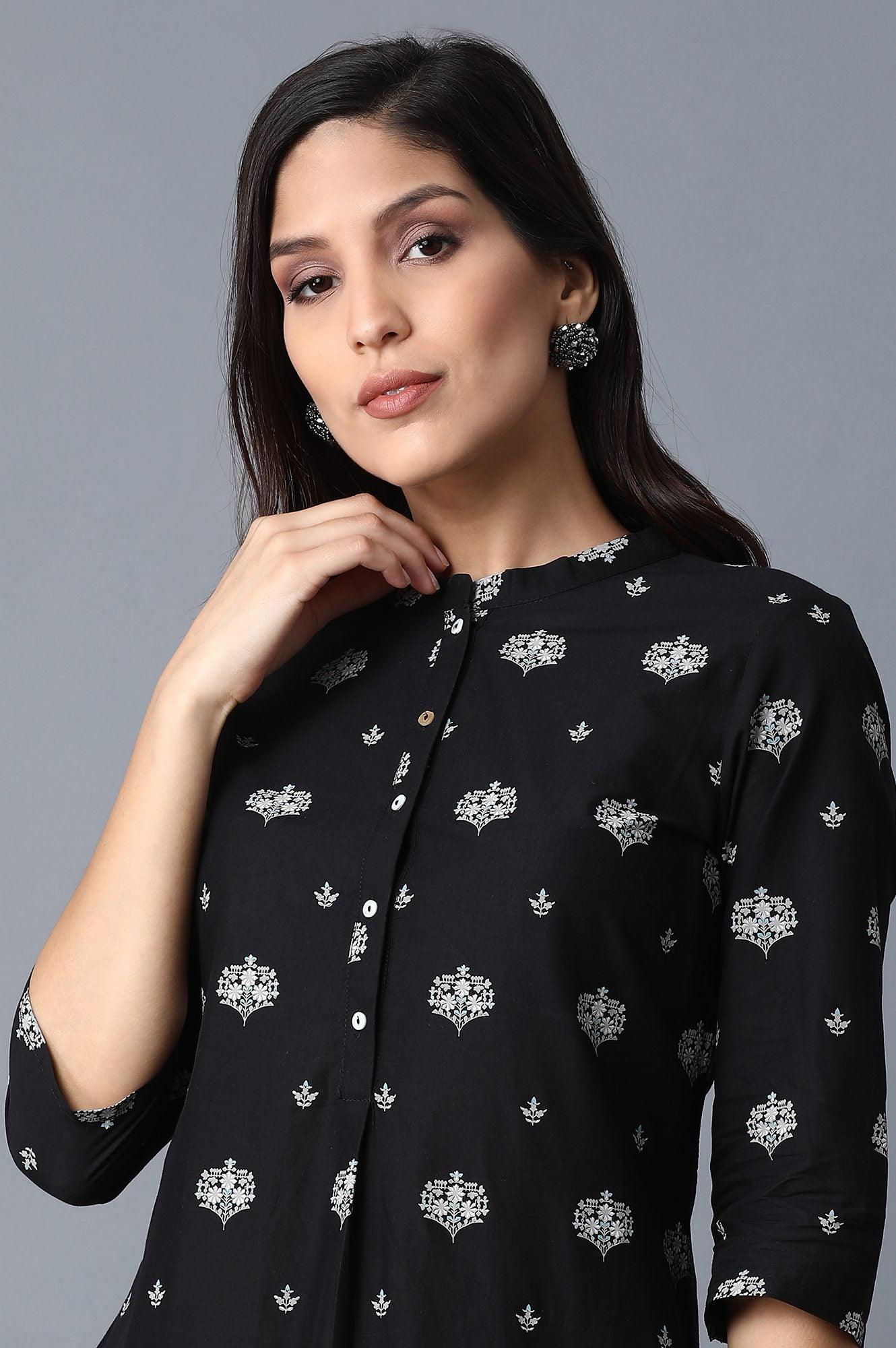 Black Printed Straight kurta - wforwoman