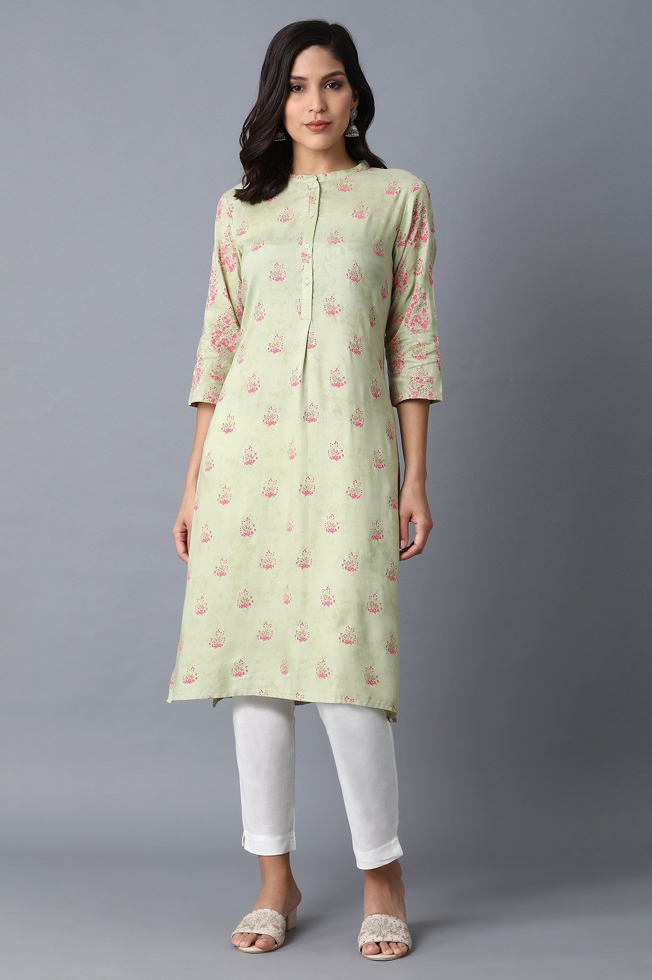 Green Printed Straight Kurta - wforwoman