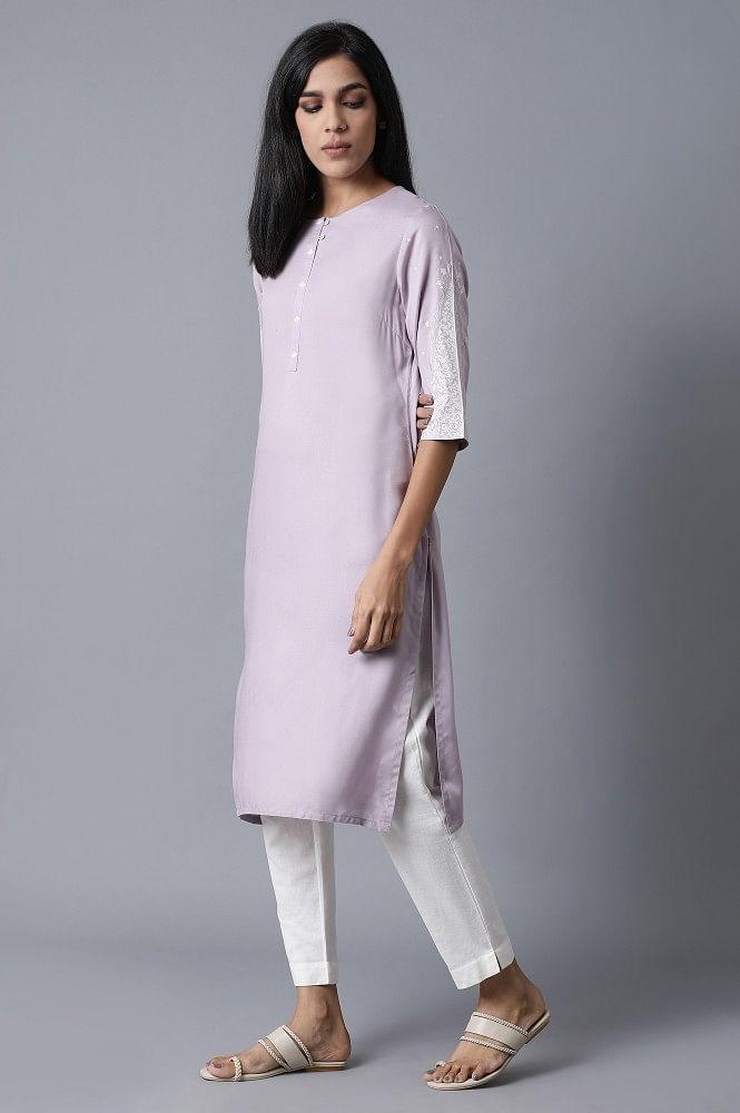 Lilac kurta With Printed Yoke - wforwoman