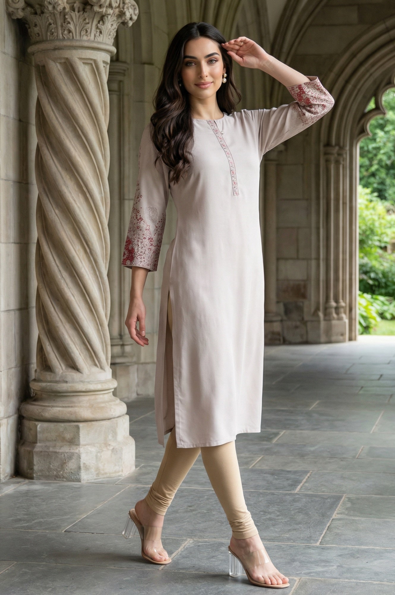 Light Pink Rayon Straight Kurta with Floral Printed Sleeves