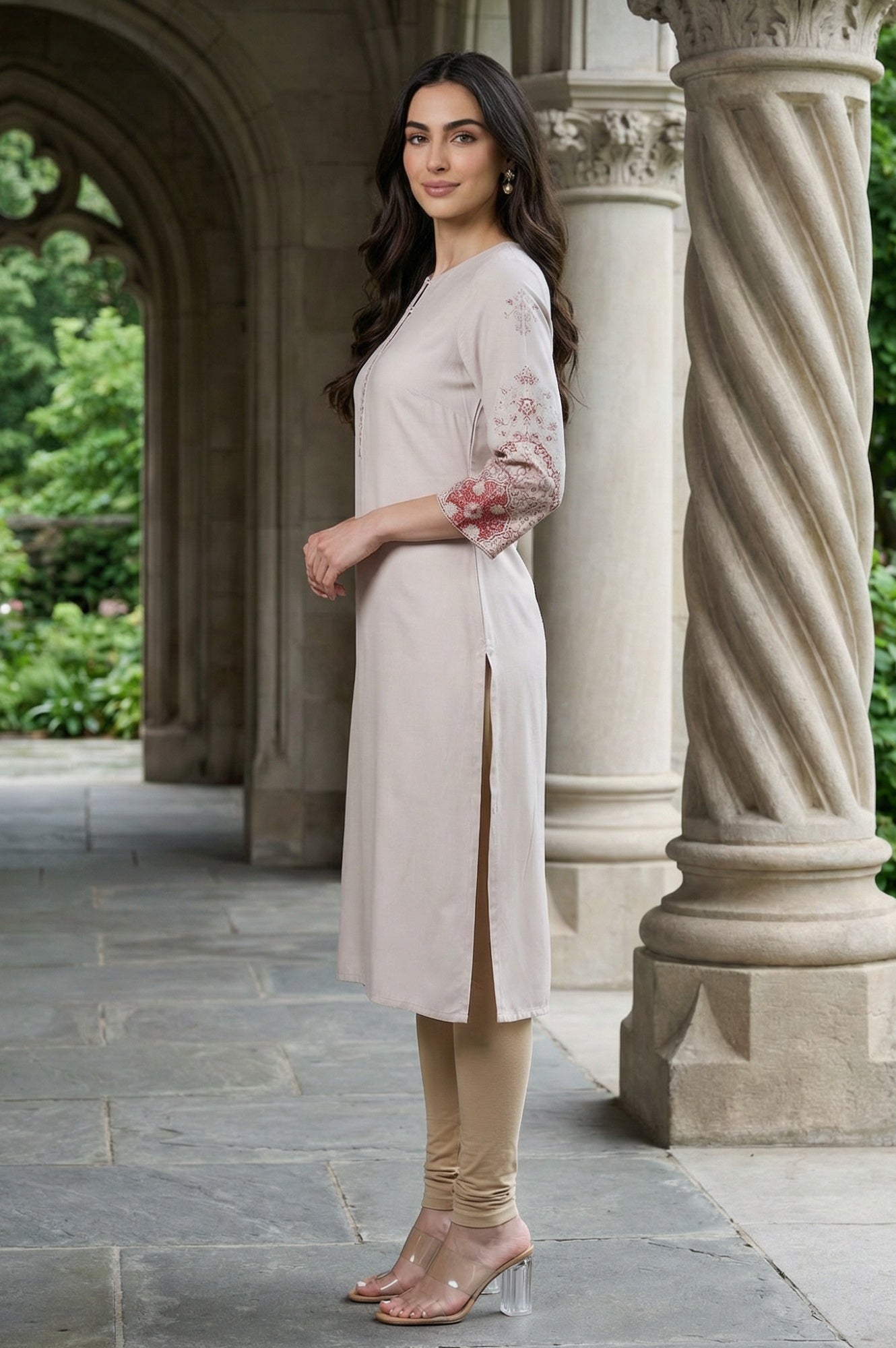 Light Pink Rayon Straight Kurta with Floral Printed Sleeves