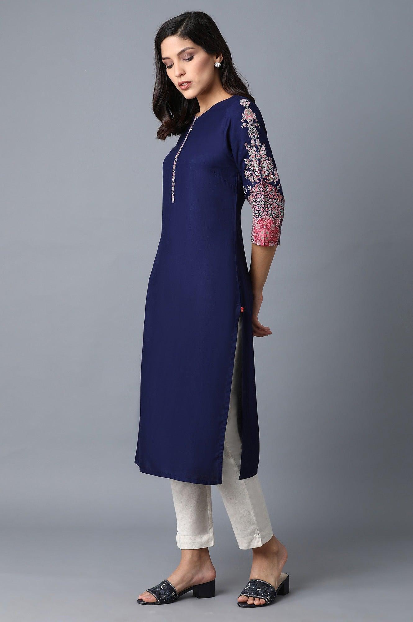 Navy Blue Printed kurta - wforwoman