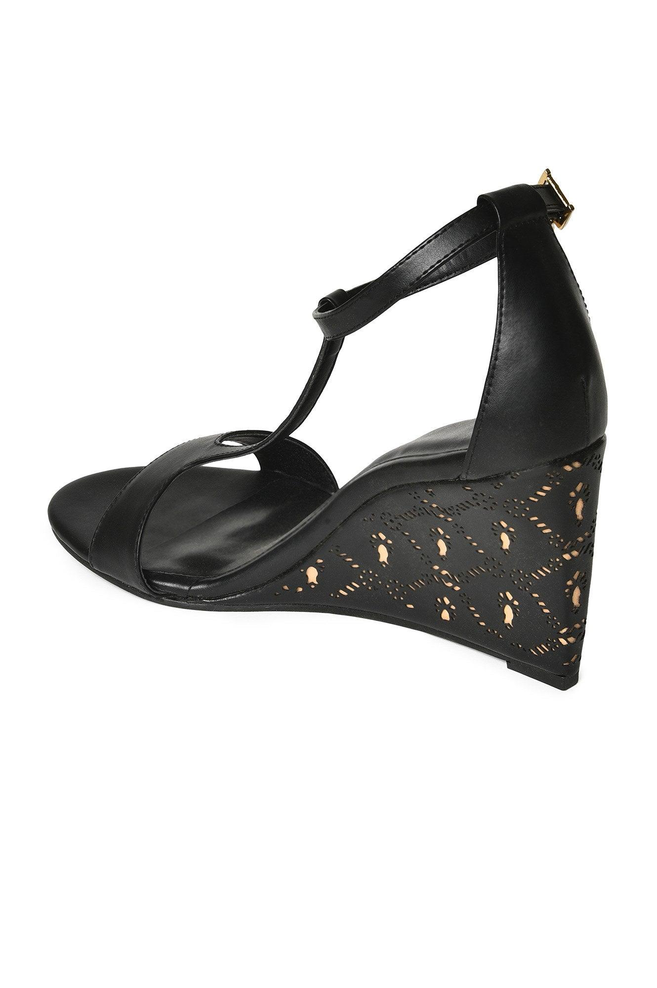 Black Almond Toe Laser Cut Wedge-Wgracie - wforwoman