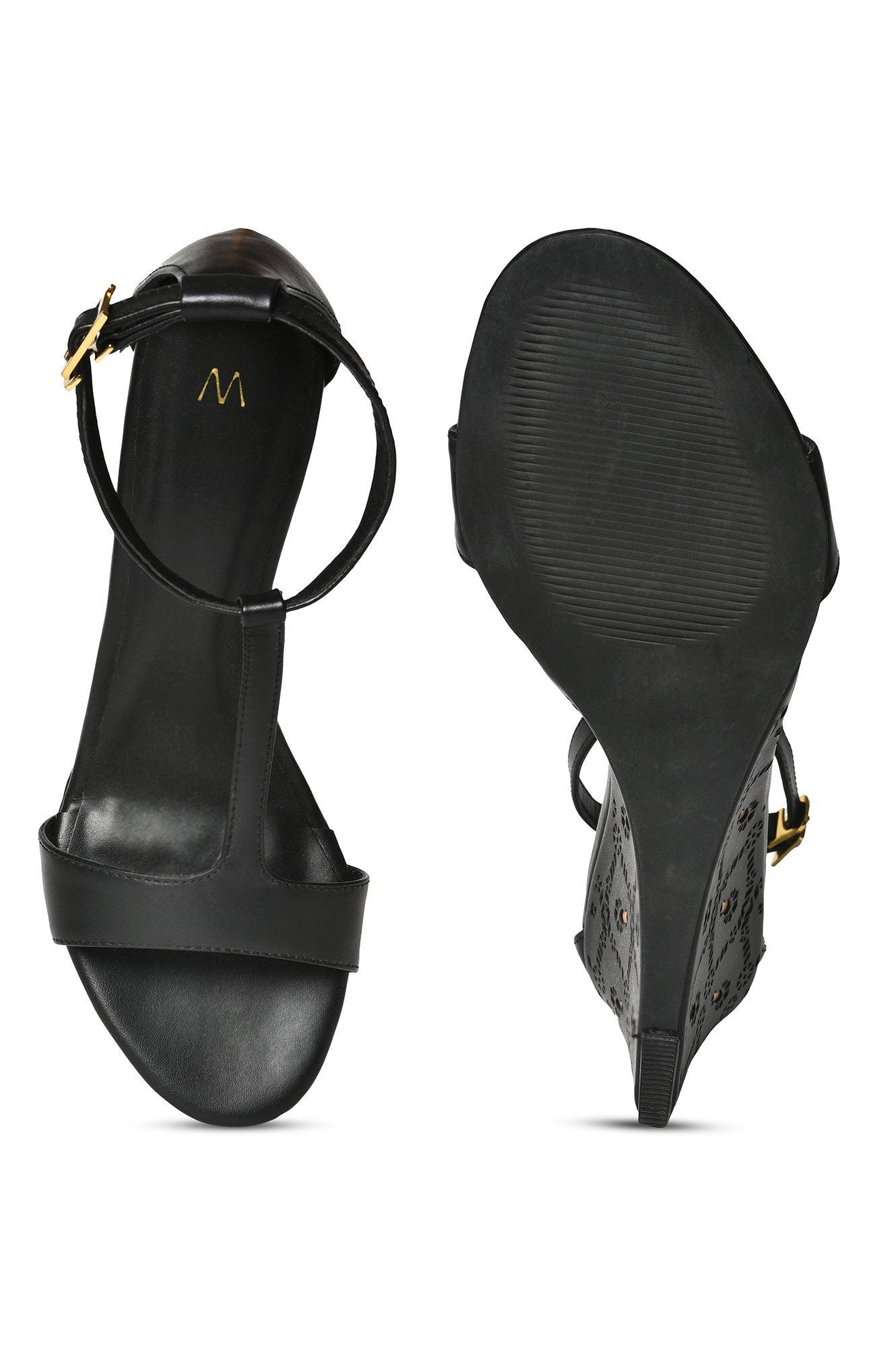 Black Almond Toe Laser Cut Wedge-Wgracie - wforwoman