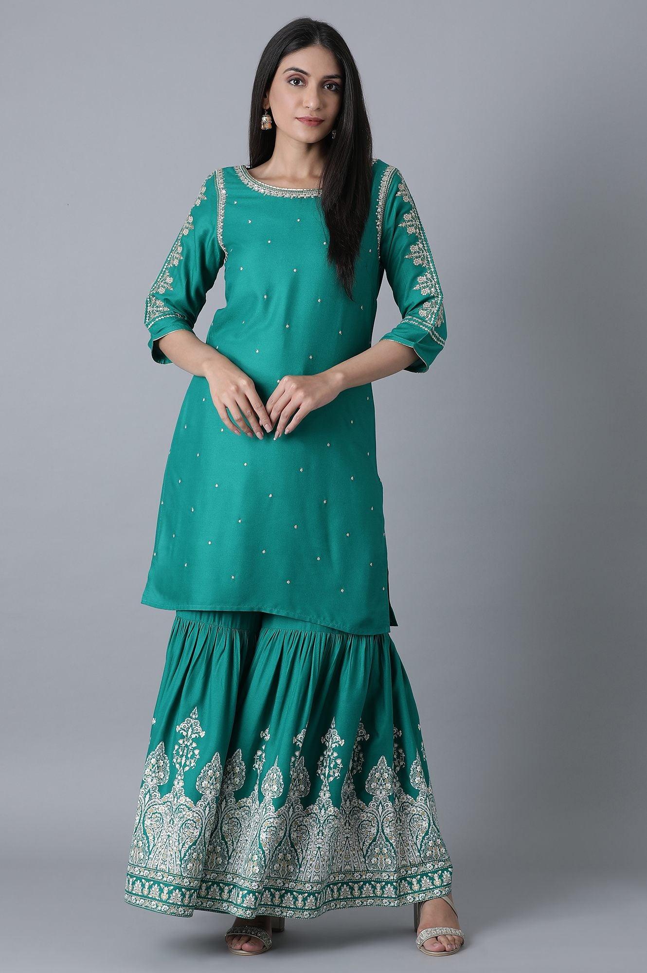 Signature Green Embroidered kurta-Printed Sharara Set - wforwoman