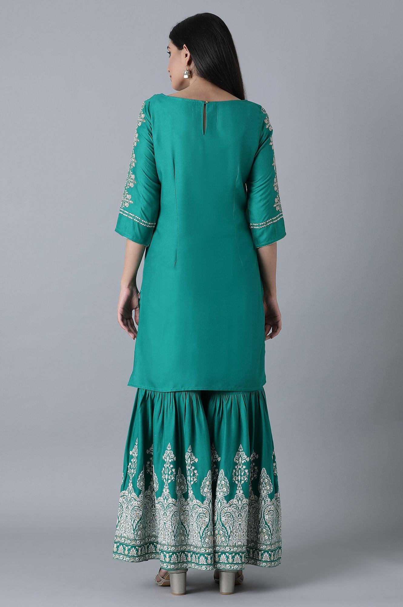 Signature Green Embroidered kurta-Printed Sharara Set - wforwoman