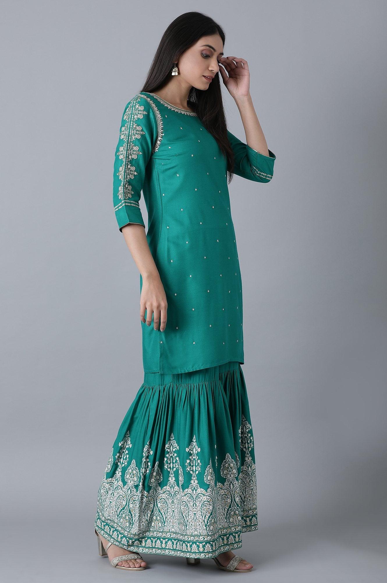 Signature Green Embroidered kurta-Printed Sharara Set - wforwoman