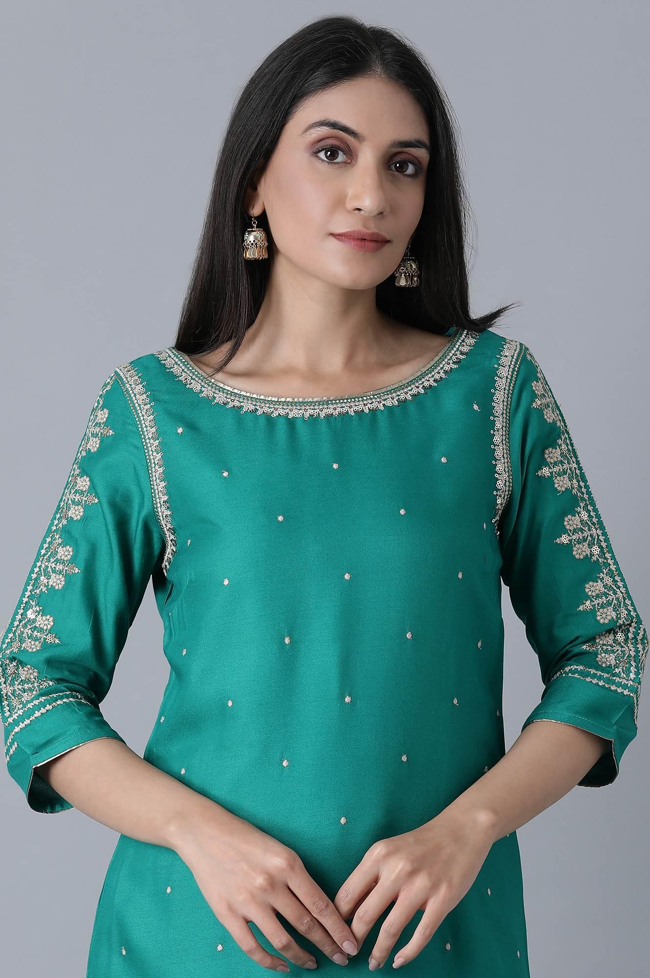 Signature Green Embroidered kurta-Printed Sharara Set - wforwoman