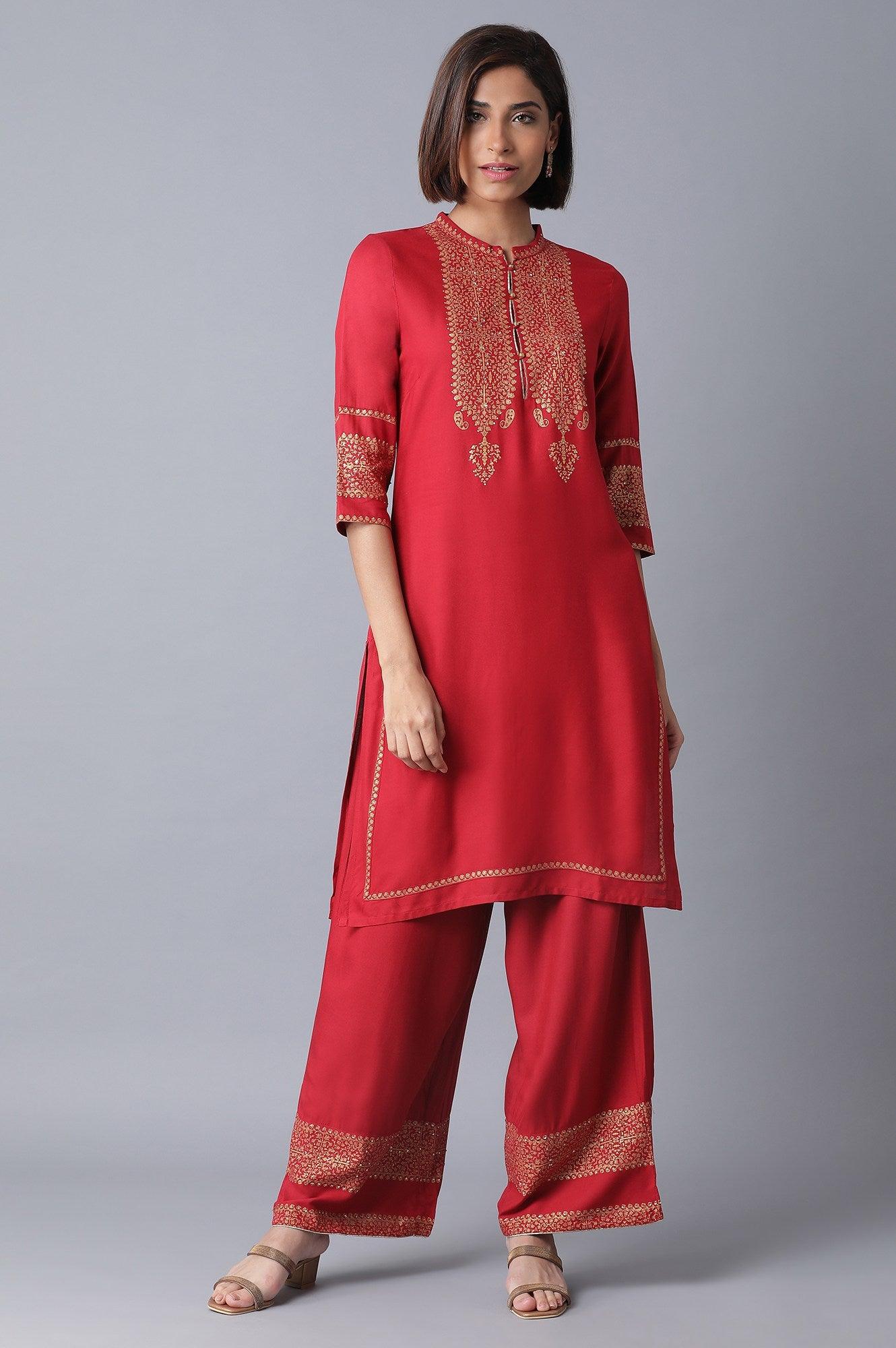 Red Printed kurta-Parallel Pant Set - wforwoman