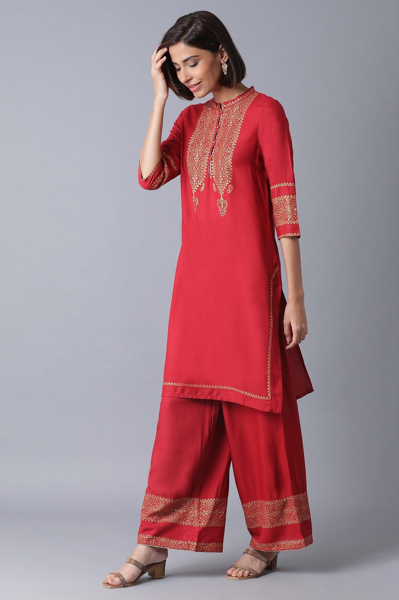 Red Printed kurta-Parallel Pant Set - wforwoman
