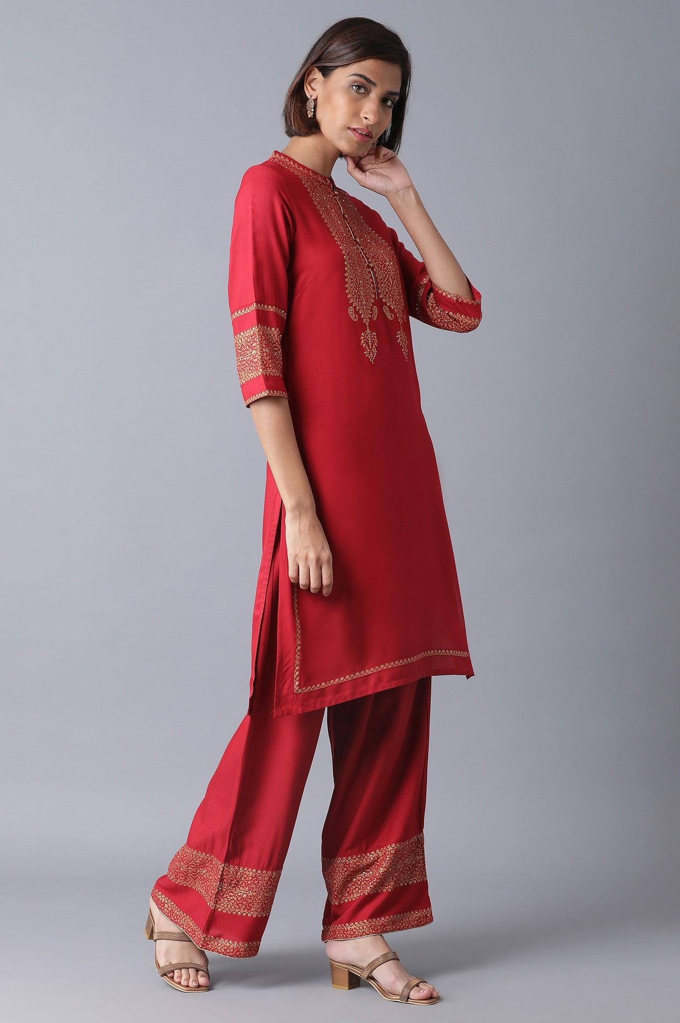 Red Printed kurta-Parallel Pant Set - wforwoman