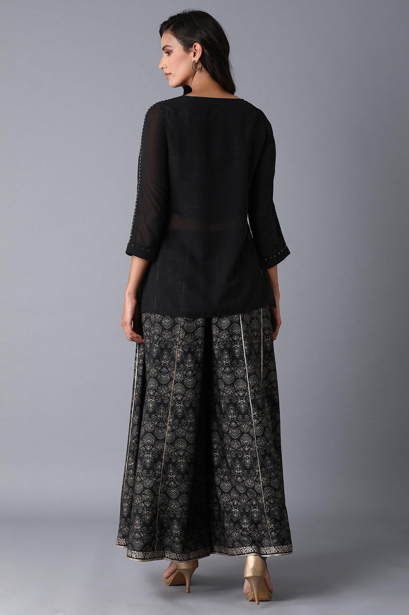 Black Layered kurta-Divided Skirt Set - wforwoman