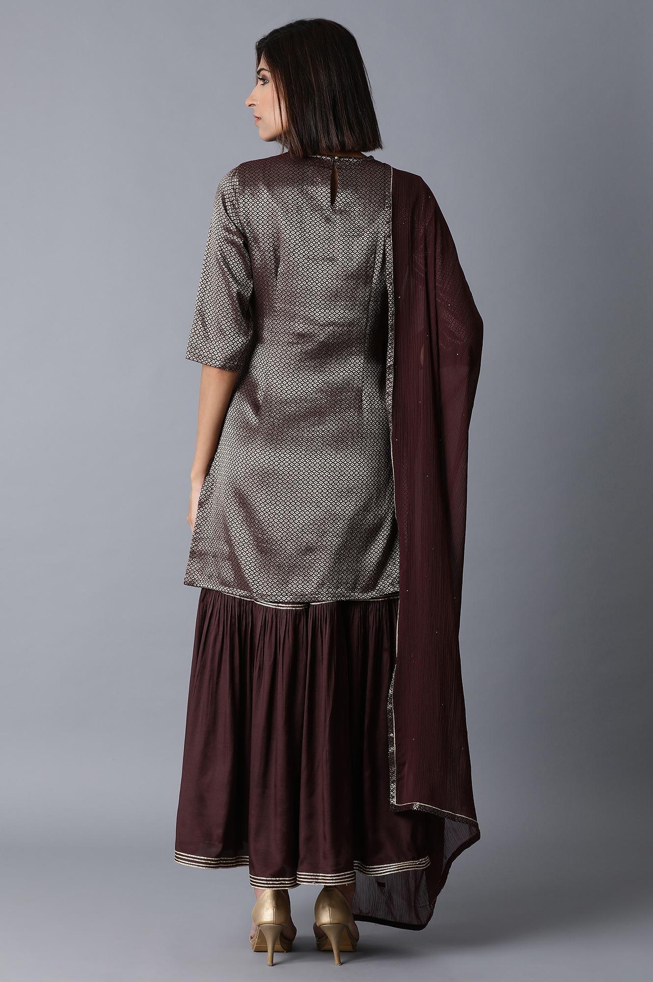 Dark Purple kurta-Sharara-Dupatta Set - wforwoman