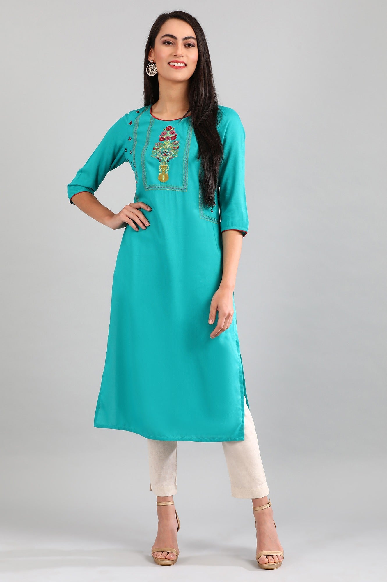 Beige Solid Straight Fit Cotton Trousers With Elasticated Back