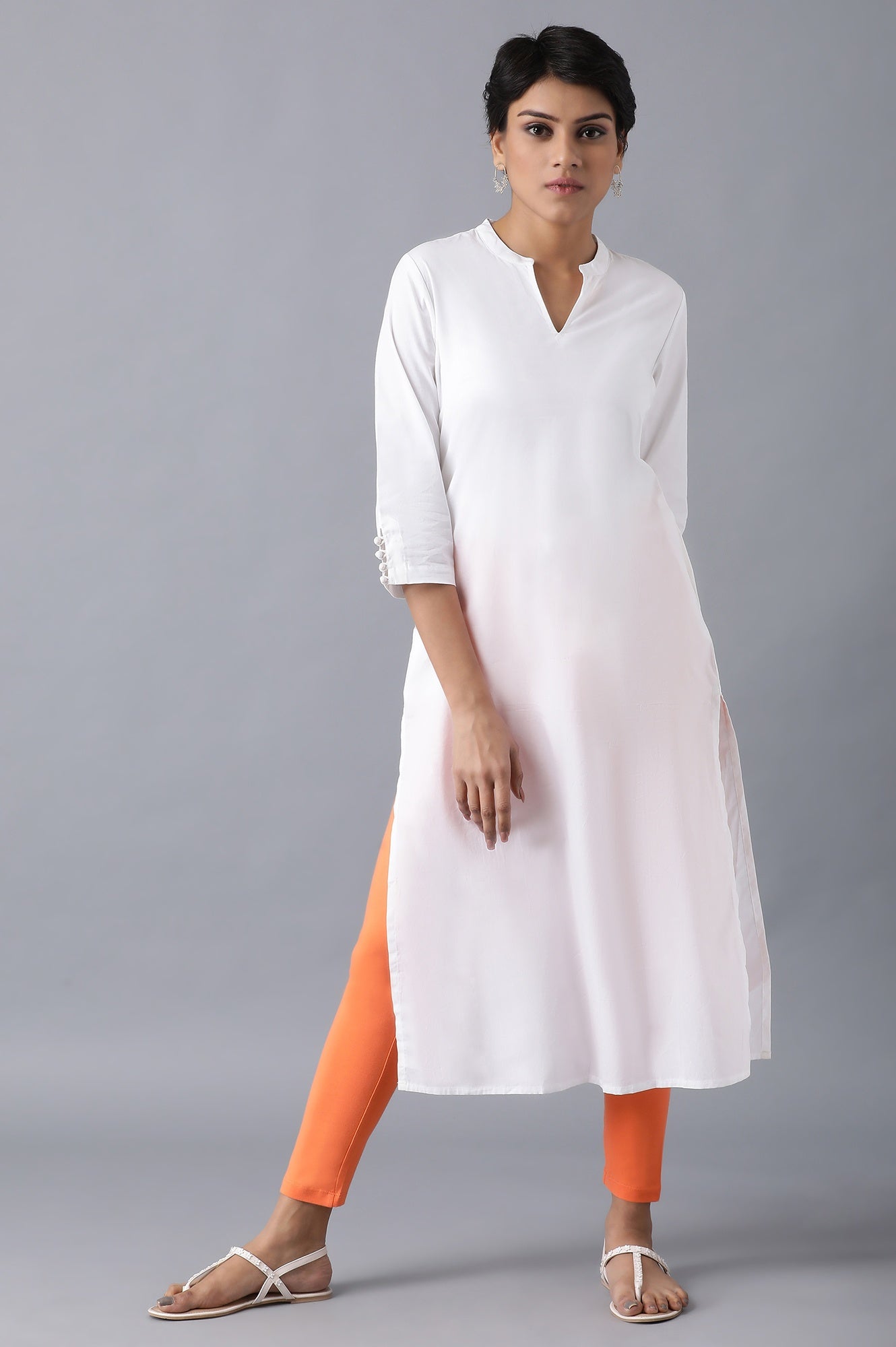 Orange Solid Skinny Fit Cotton Tights With Elasticated Waistband