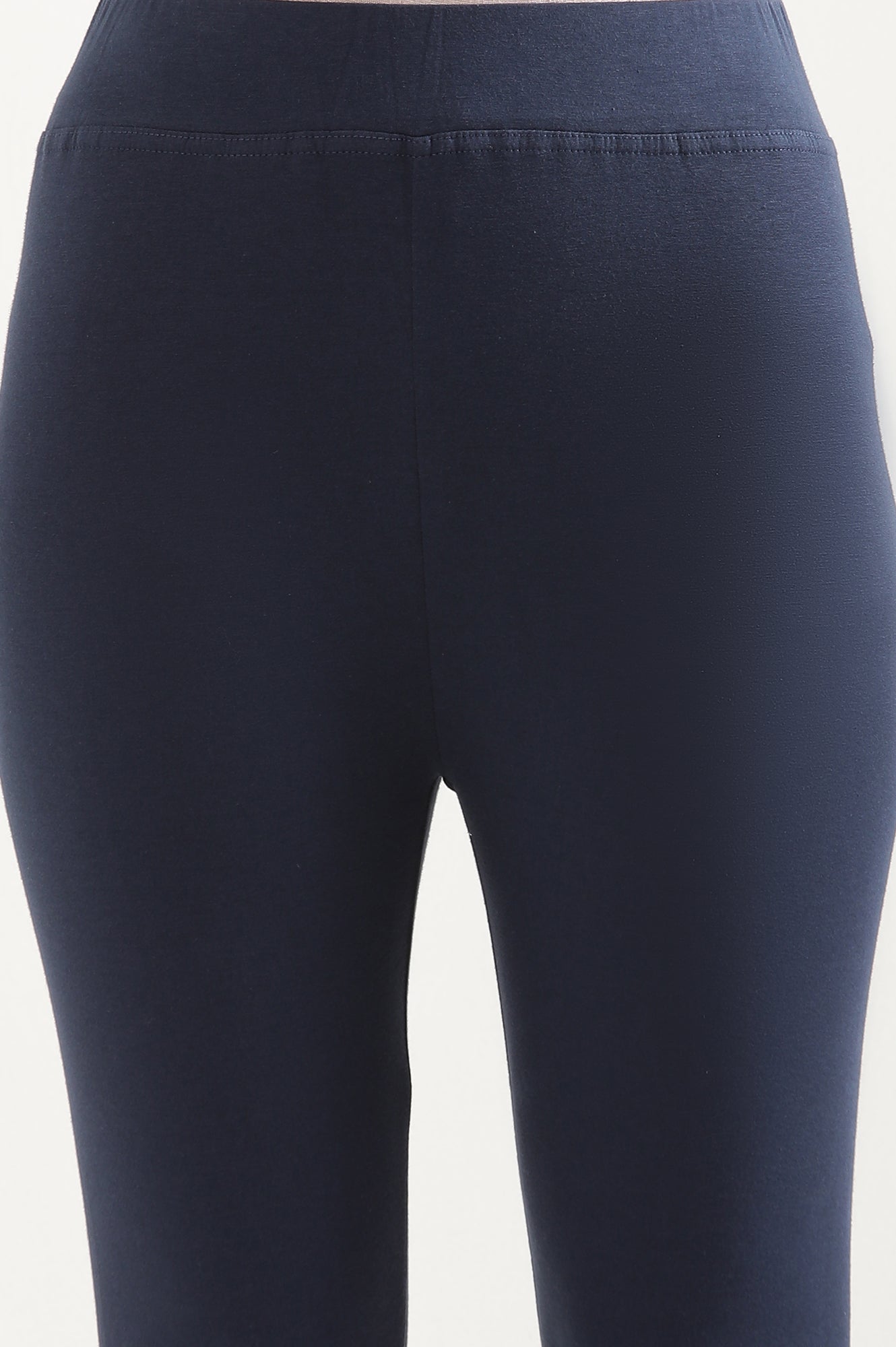 Navy Blue Solid Skinny Fit Cotton Cropped Tights With Elasticated Waistband