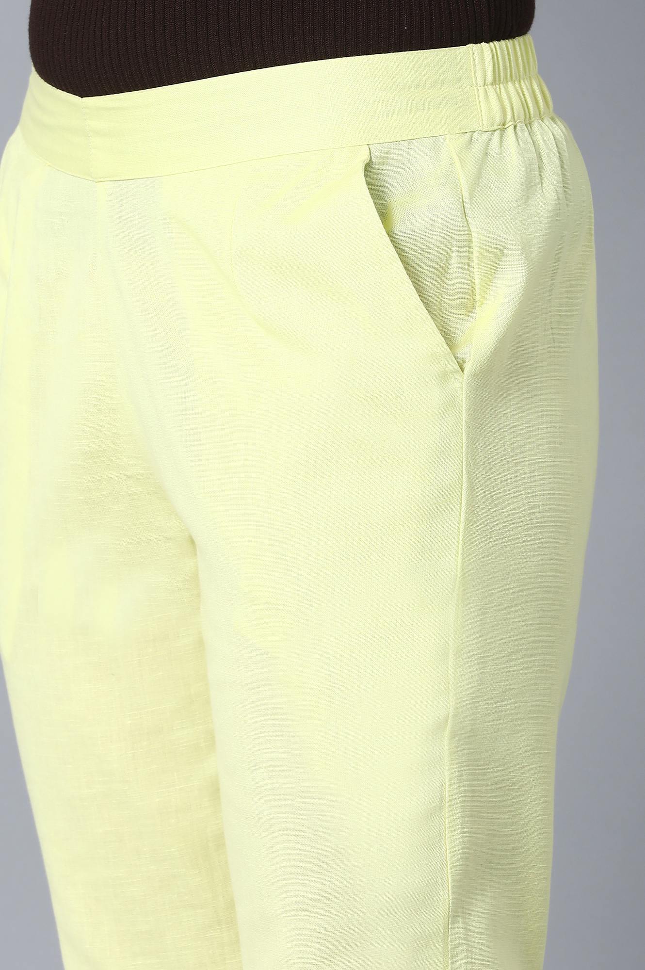 Yellow Solid Straight Fit Cotton Pants With Elasticated Waist