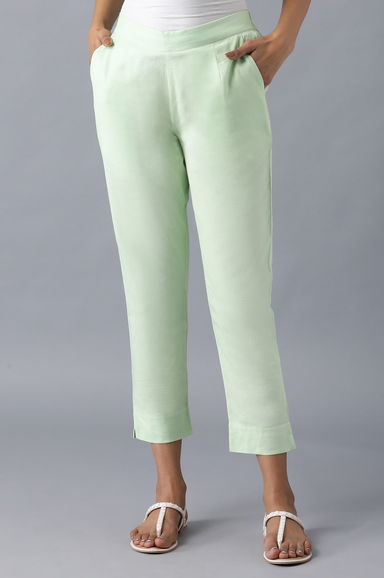 Muted Sage Green Solid Straight Fit Cotton Trousers With Roll Up Hem