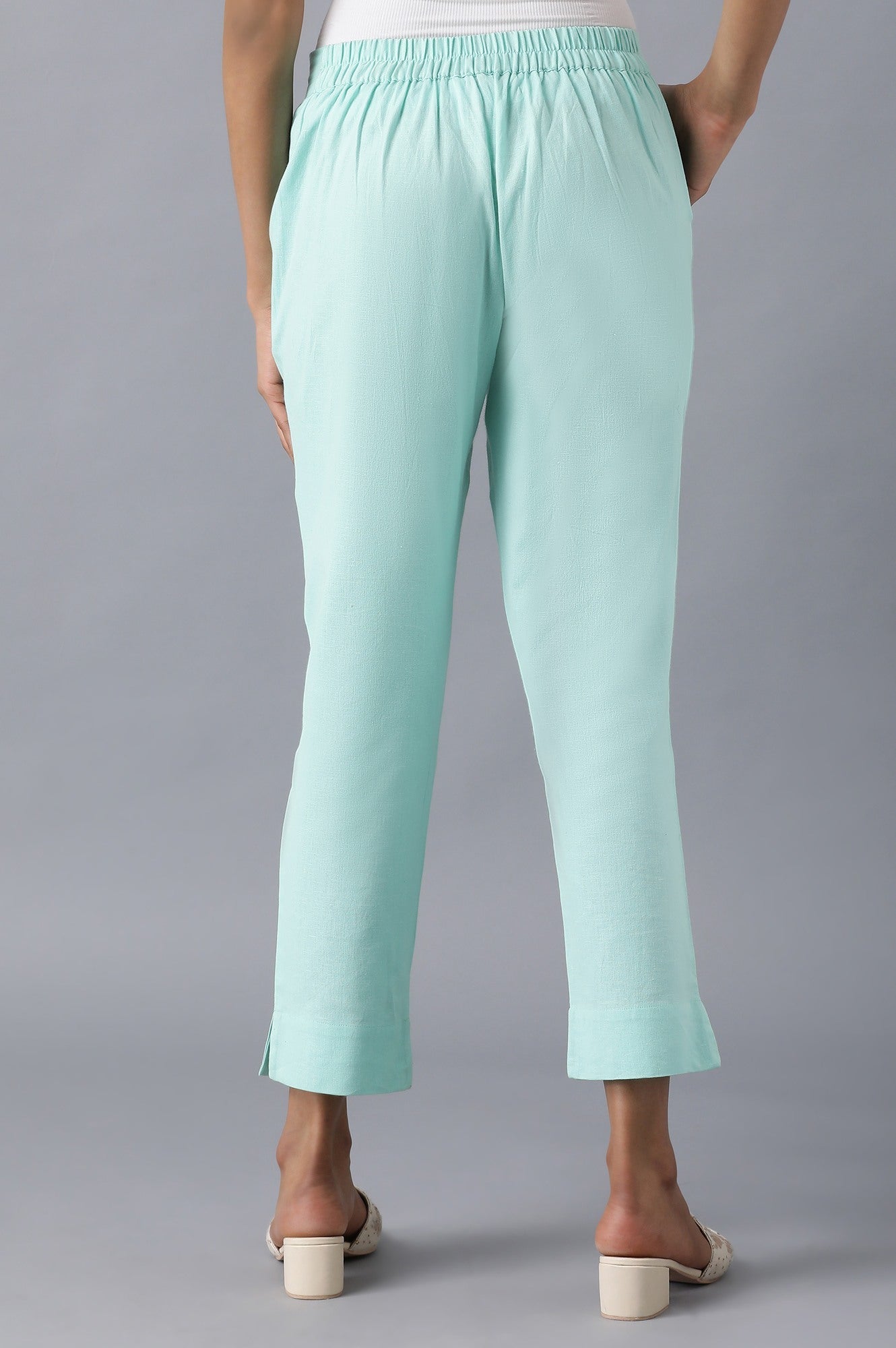 Light Blue Solid Straight Fit Cotton Trousers With Roll Up Hem
