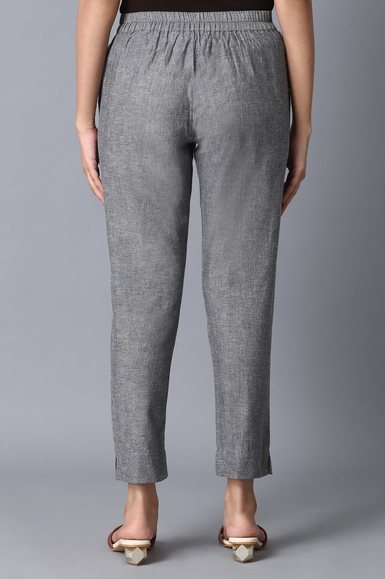 Grey Solid Straight Fit Cotton Pants With Elasticated Waist
