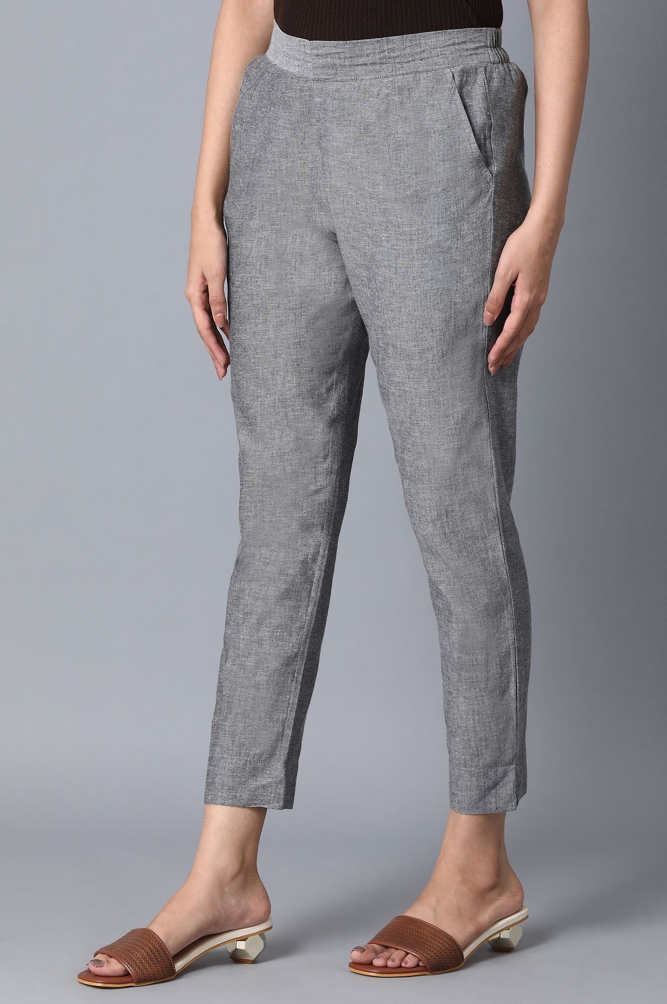 Grey Solid Straight Fit Cotton Pants With Elasticated Waist