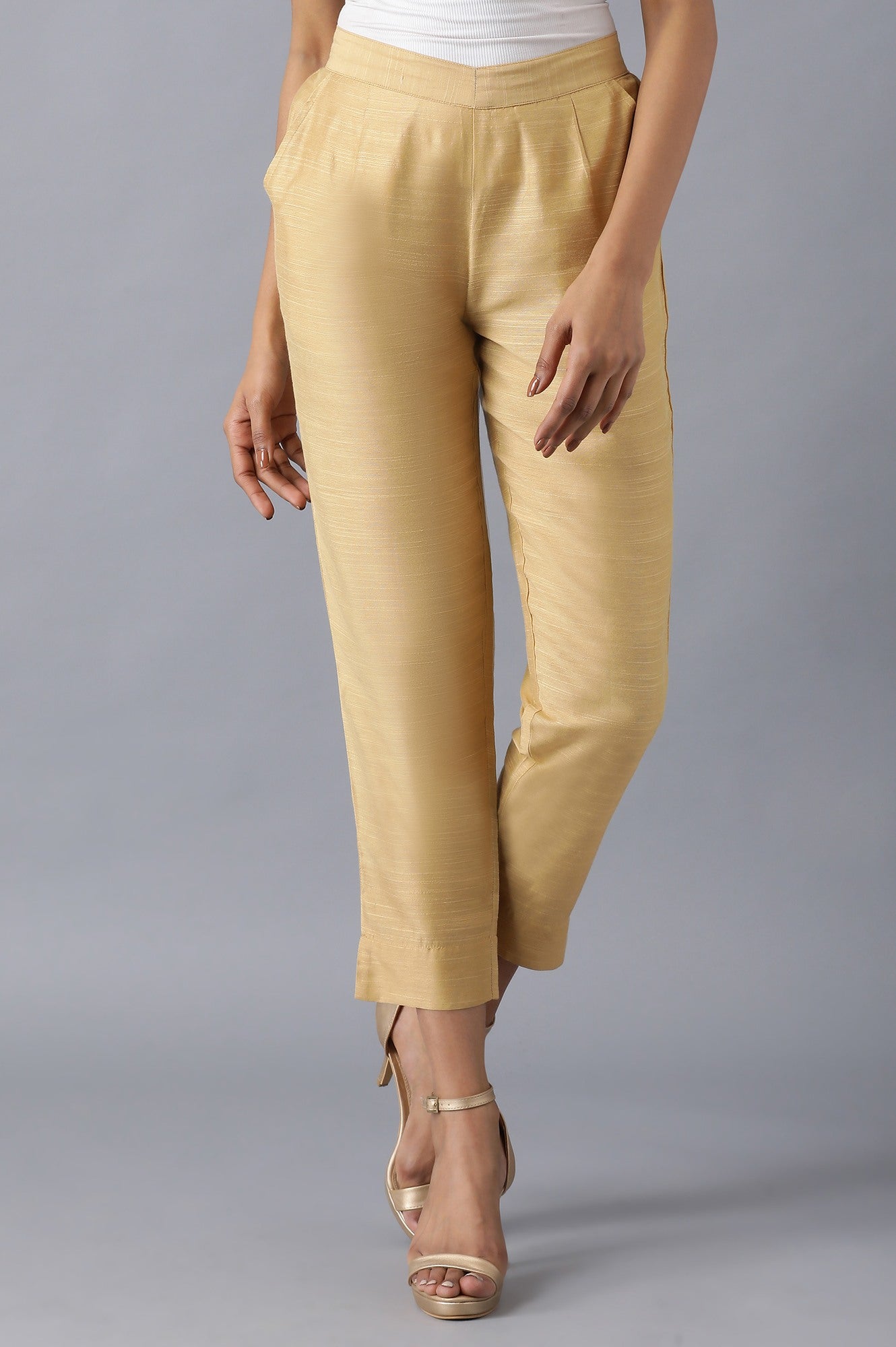 Gold Solid Straight Fit Trousers With Side Pockets