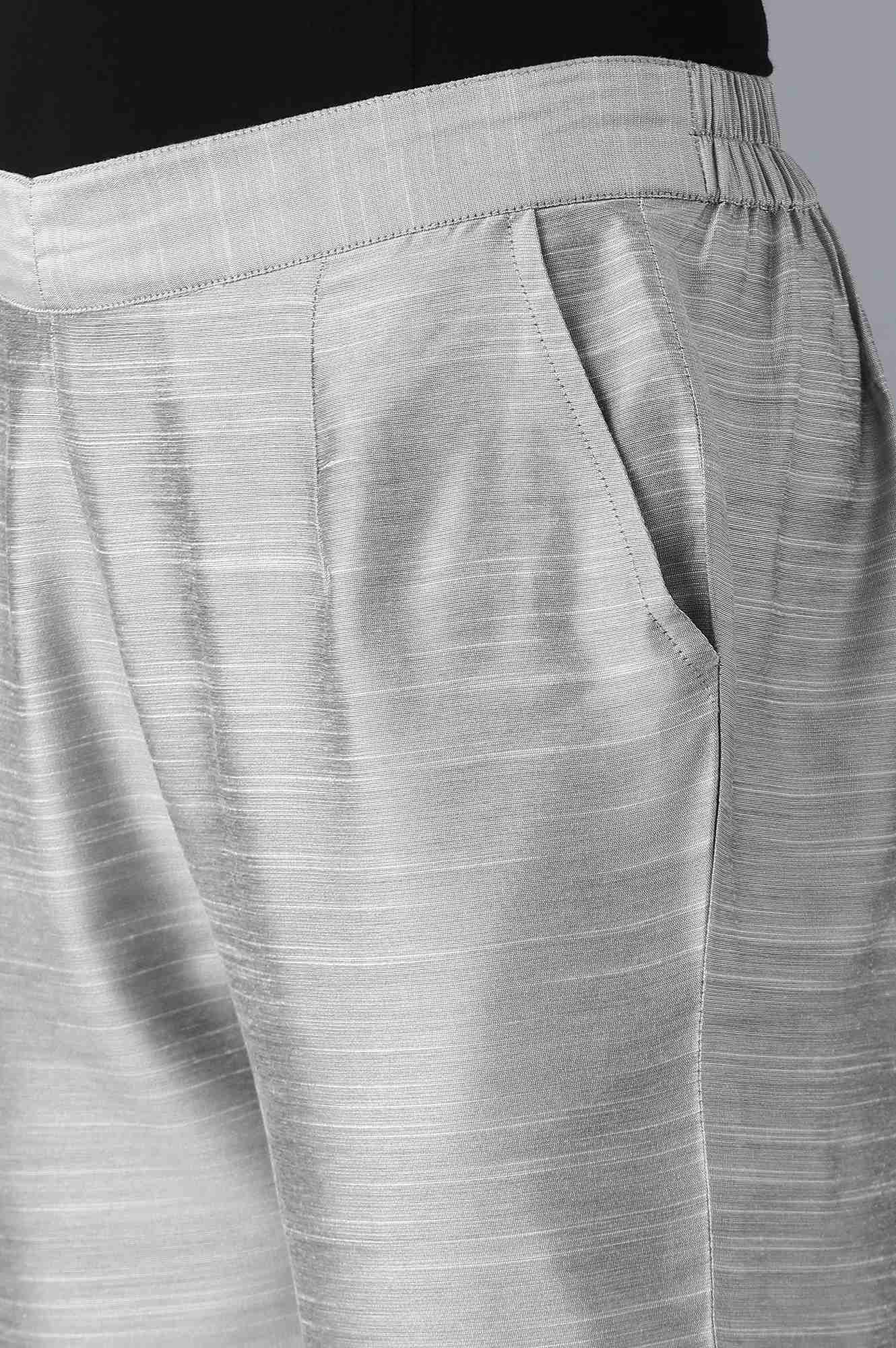 Grey Solid Straight Fit Woven Trousers With Side Pockets