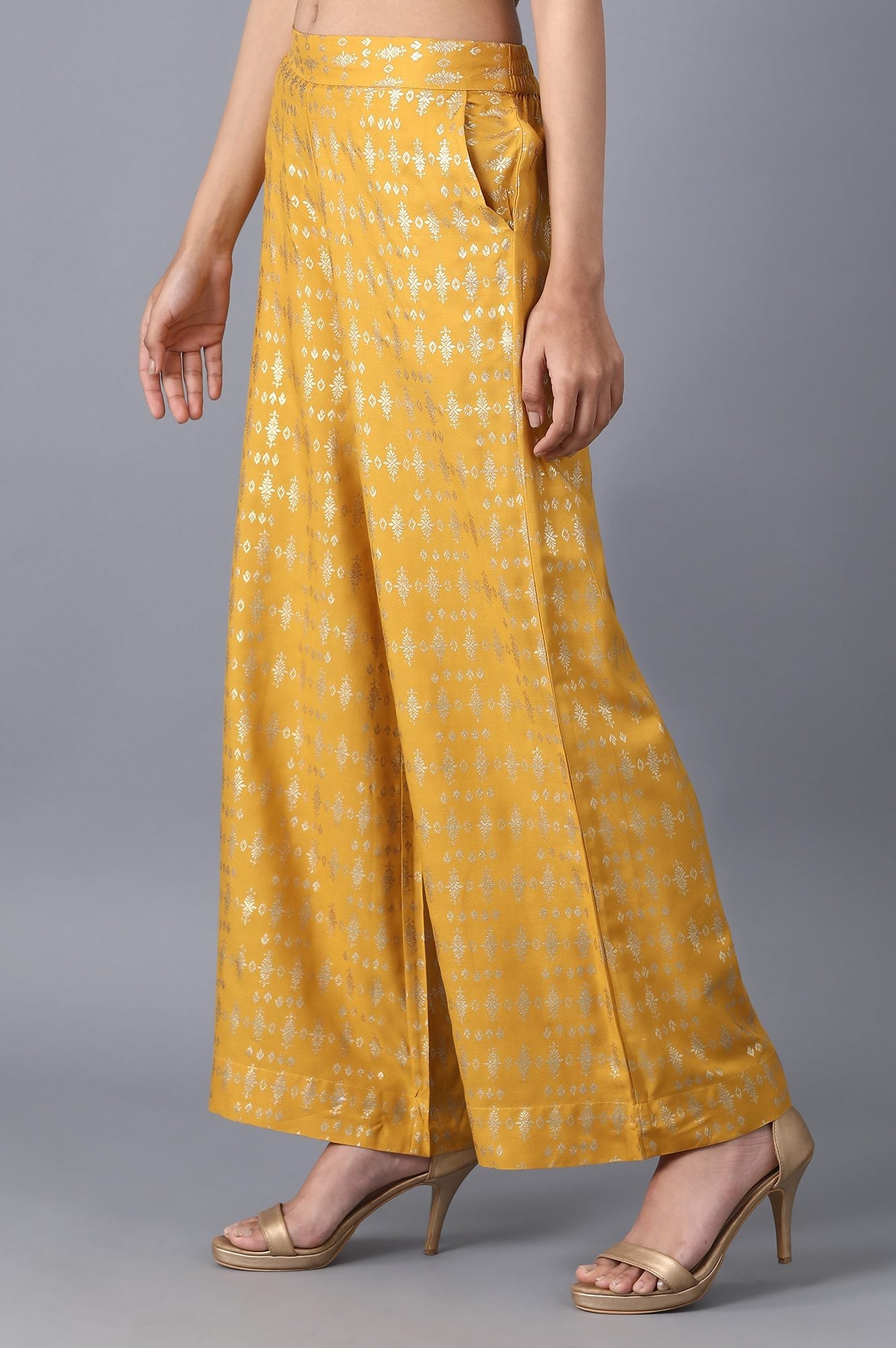 Yellow Floral Printed Straight Fit Cotton Palazzo With Elasticated Waist