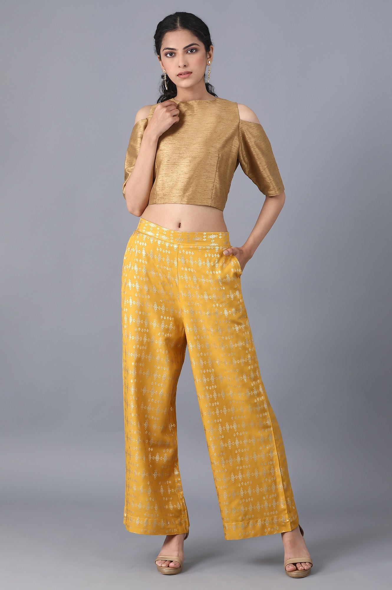 Yellow Floral Printed Straight Fit Cotton Palazzo With Elasticated Waist