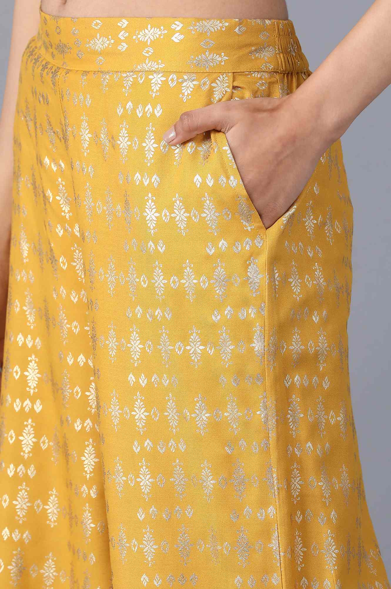 Yellow Floral Printed Straight Fit Cotton Palazzo With Elasticated Waist