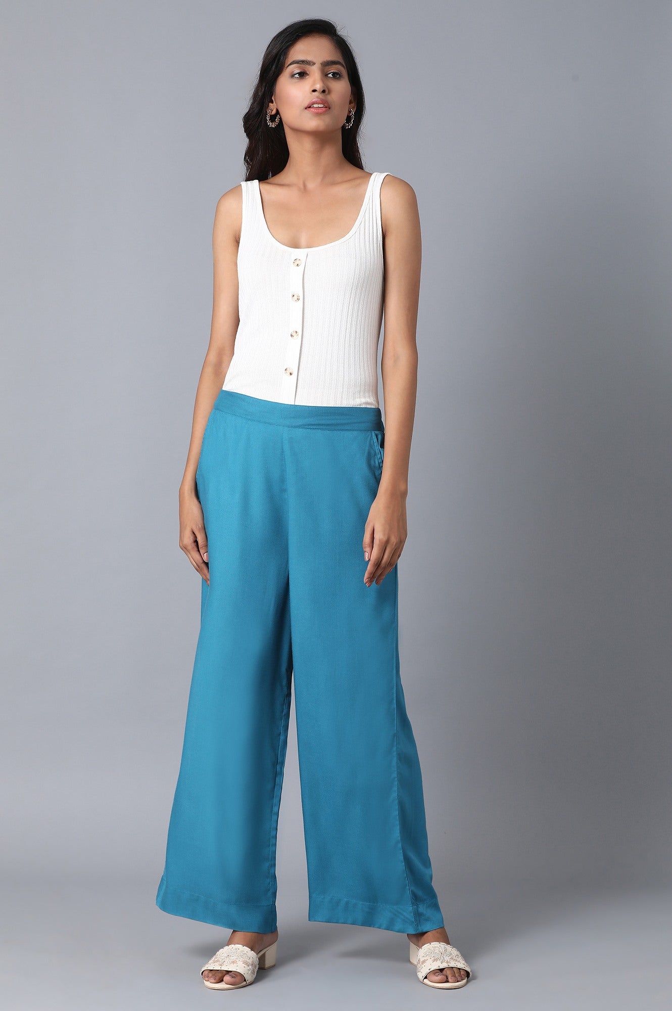 Blue Solid Wide Leg Cotton Palazzo With Elasticated Waist