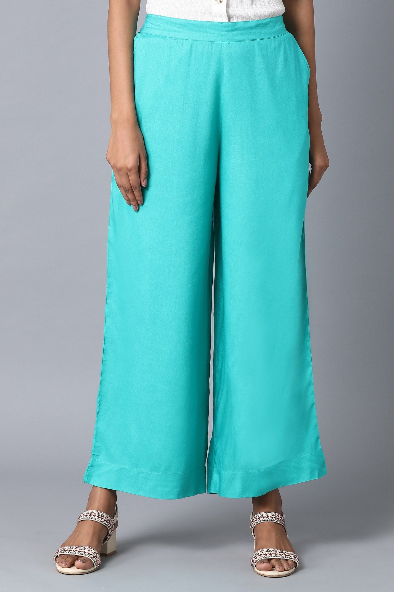 Green Solid Wide Leg Cotton Palazzo With Elasticated Waist