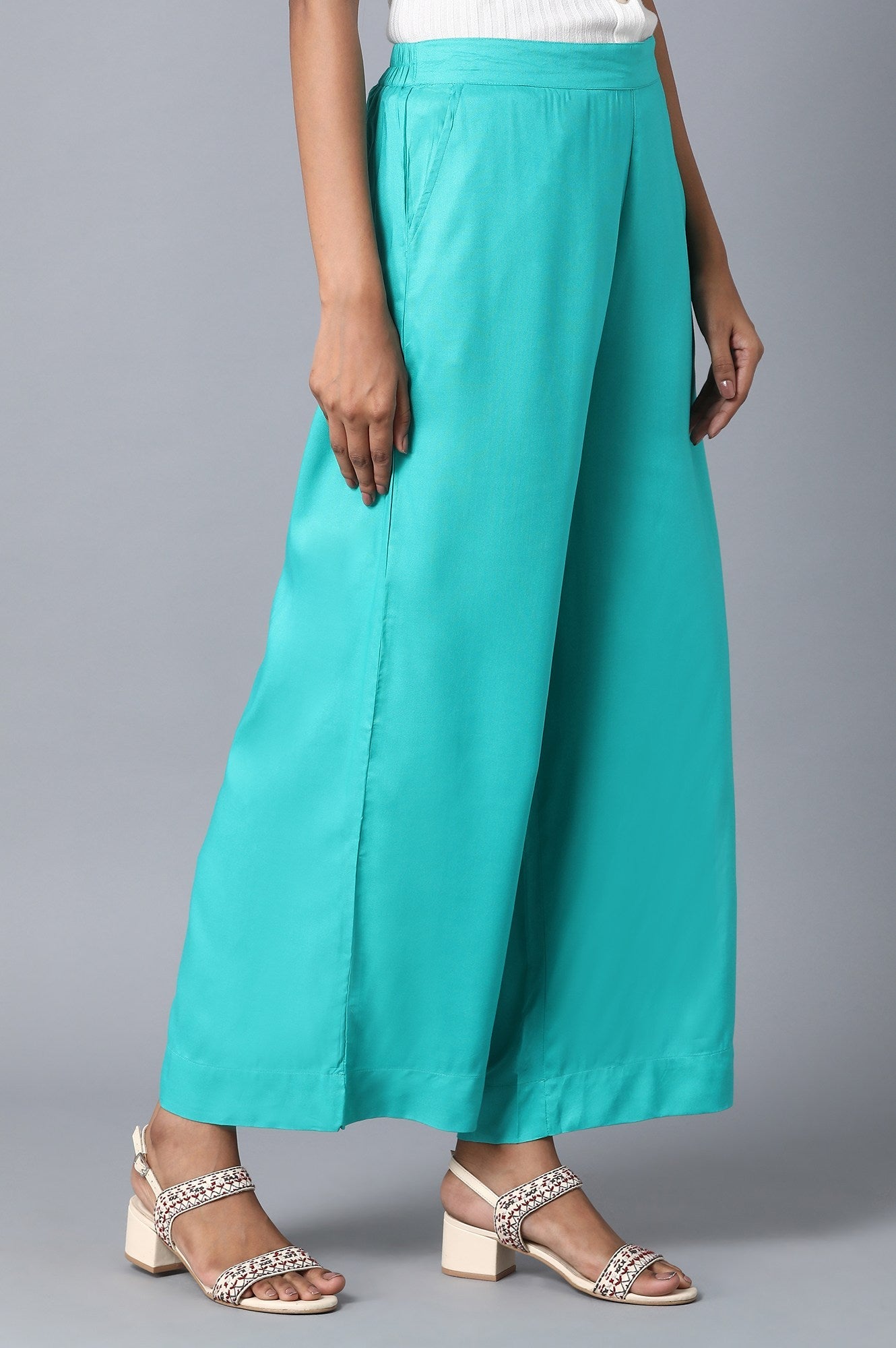 Green Solid Wide Leg Cotton Palazzo With Elasticated Waist
