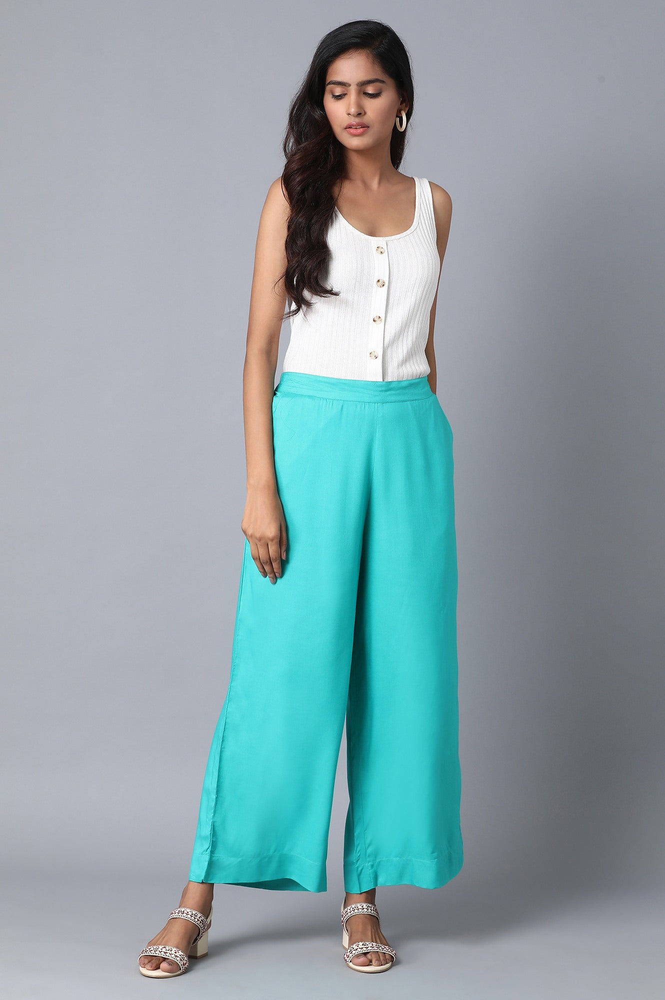 Green Solid Wide Leg Cotton Palazzo With Elasticated Waist