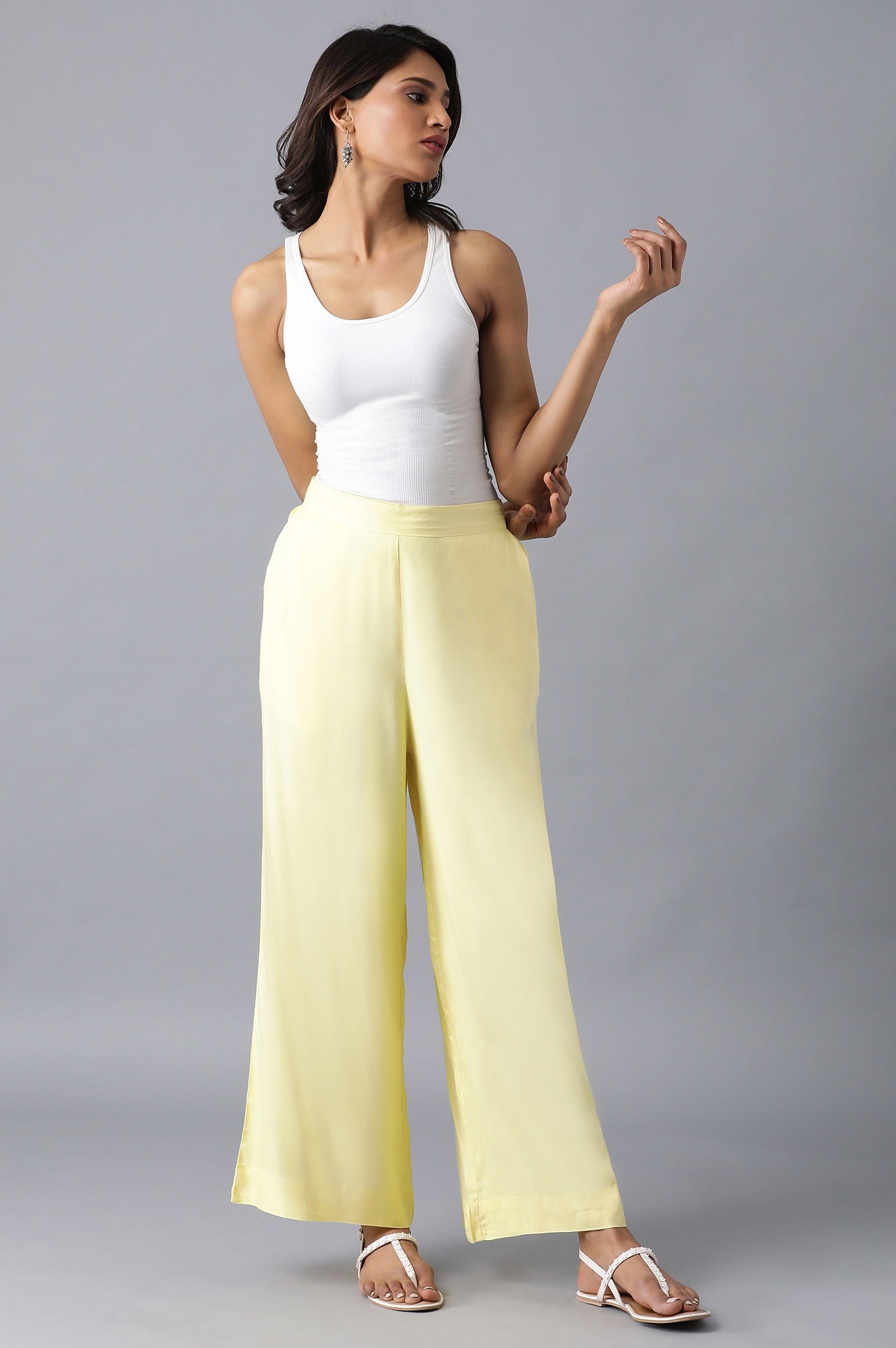 Yellow Solid Straight Fit Cotton Palazzo